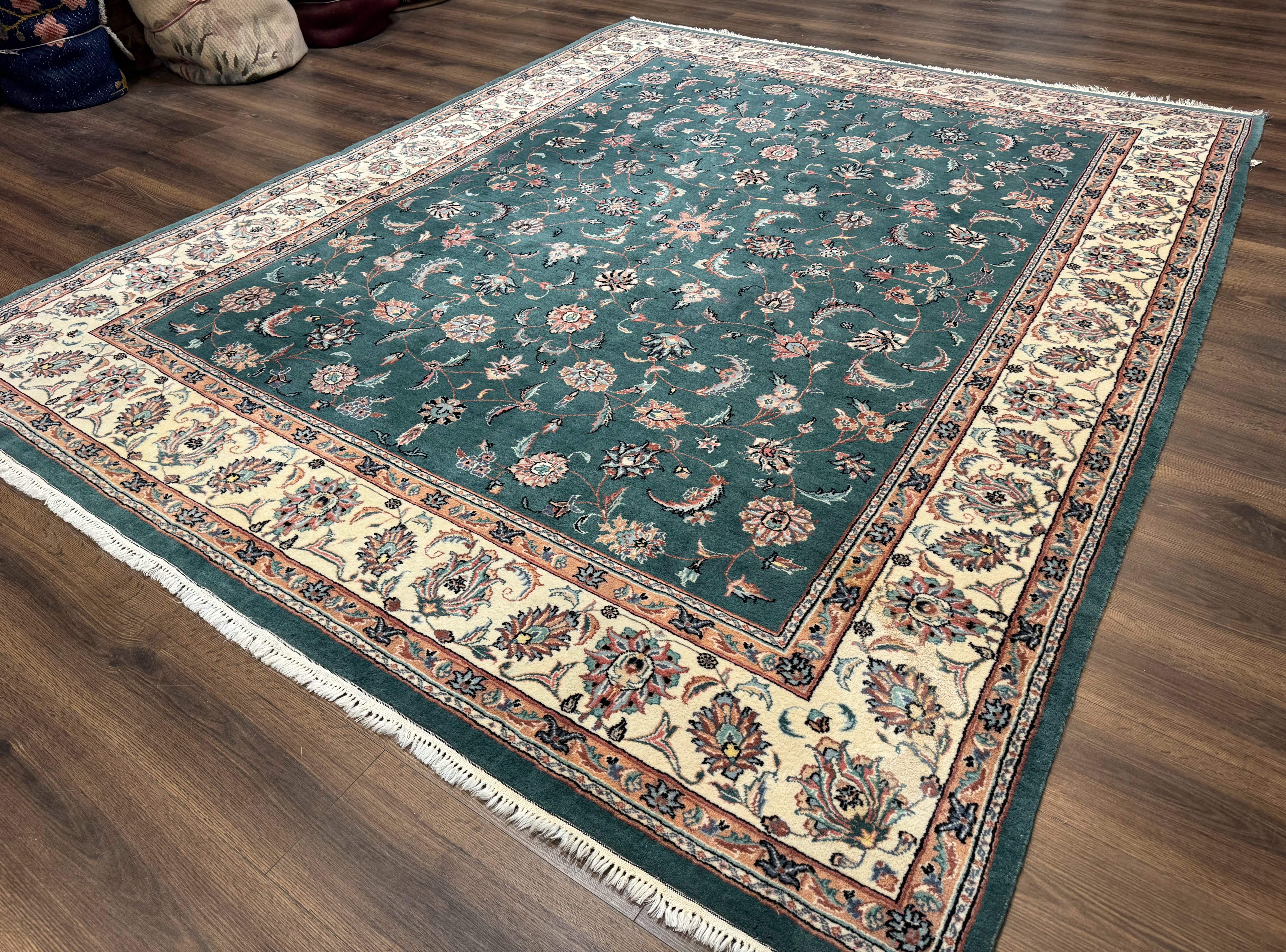 Indo Persian Rug 8x10, Green and Beige Oriental Carpet, Traditional Wool Area Rug, Floral Allover Pattern - Jewel Rugs