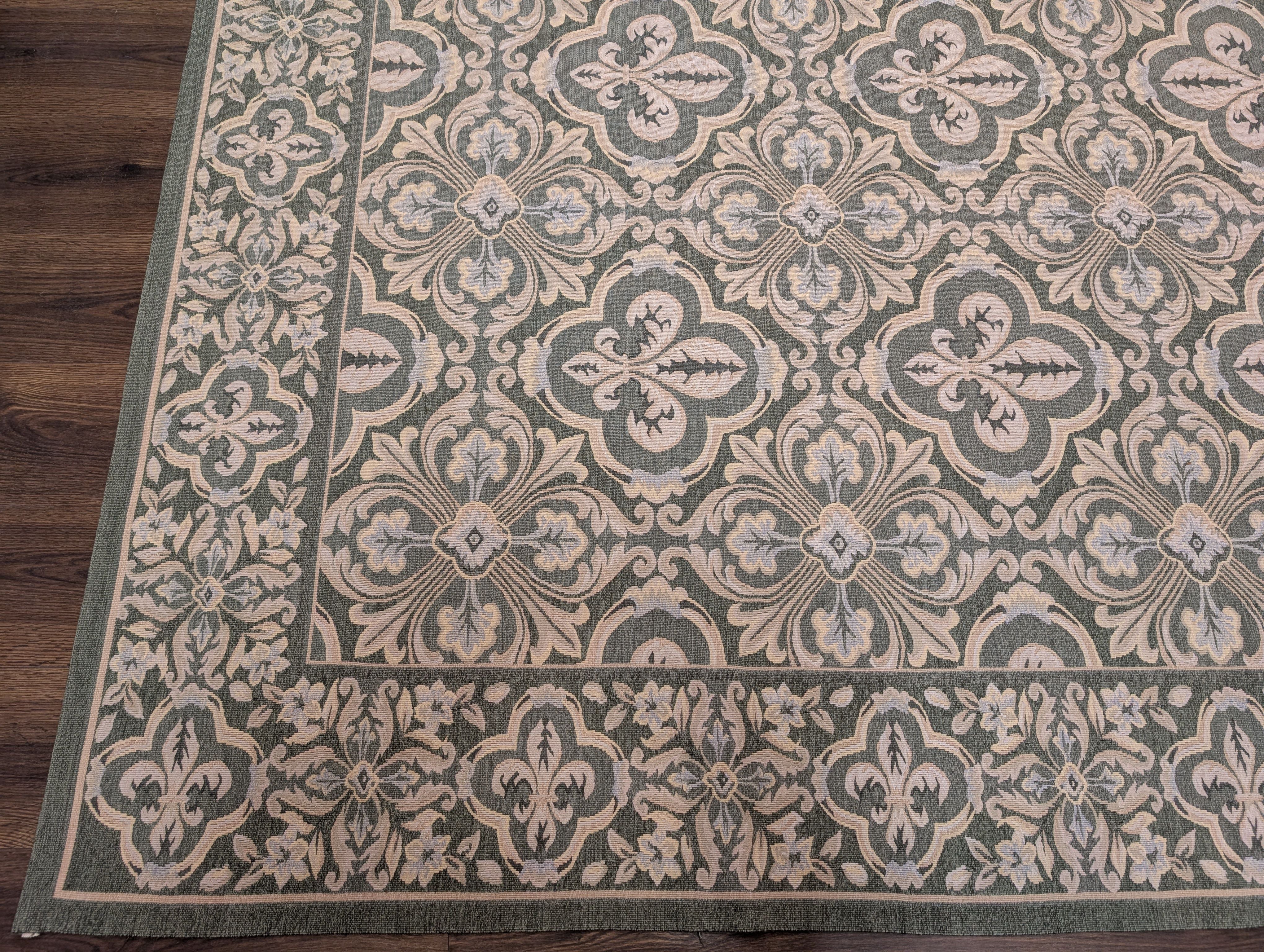 Green Aubusson Rug 9x12, European Design, Wool - Jewel Rugs