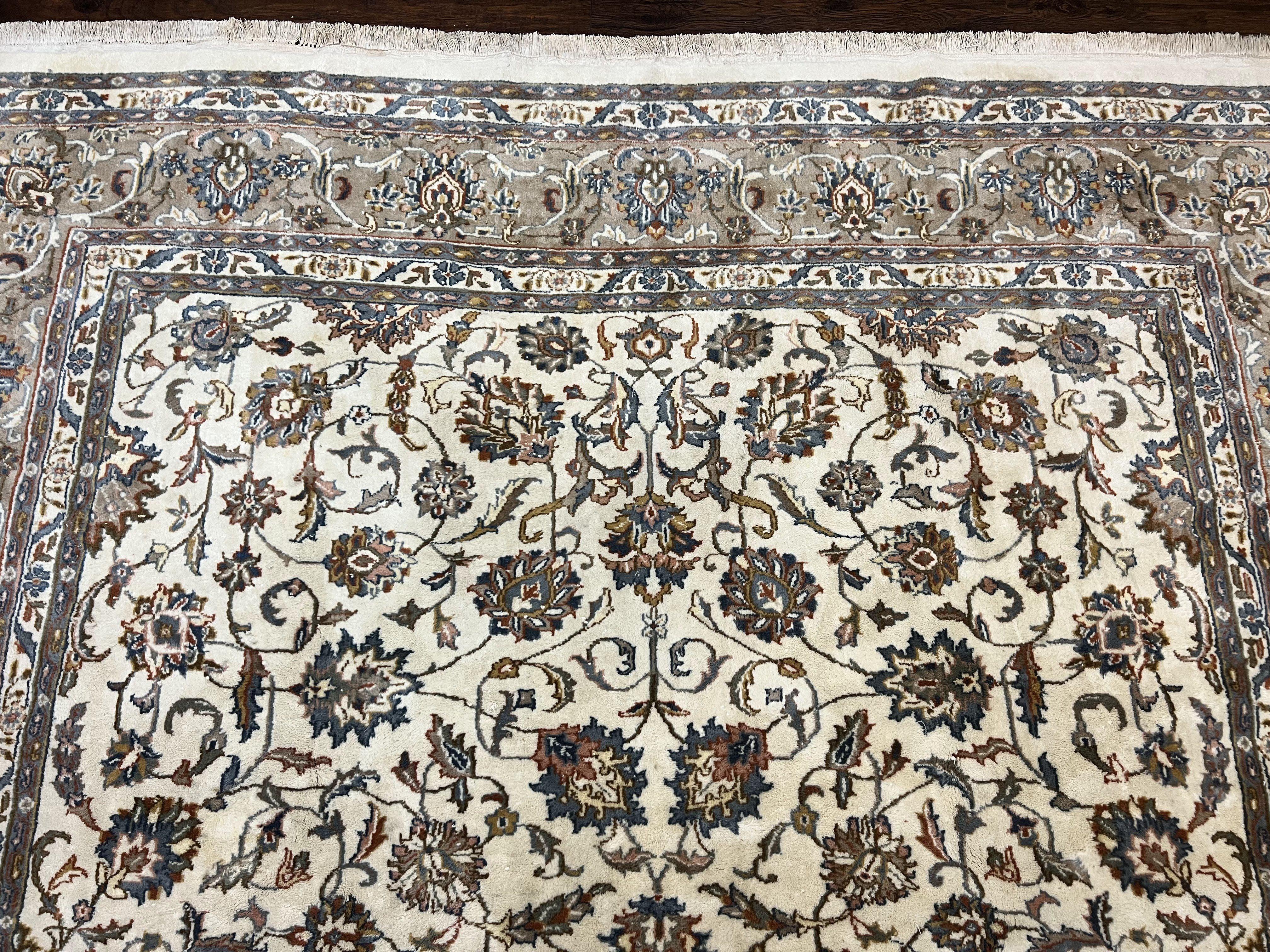 Indo Persian Rug 8x10, Floral Allover, Ivory and Gray, Handmade Vintage Wool Carpet - Jewel Rugs