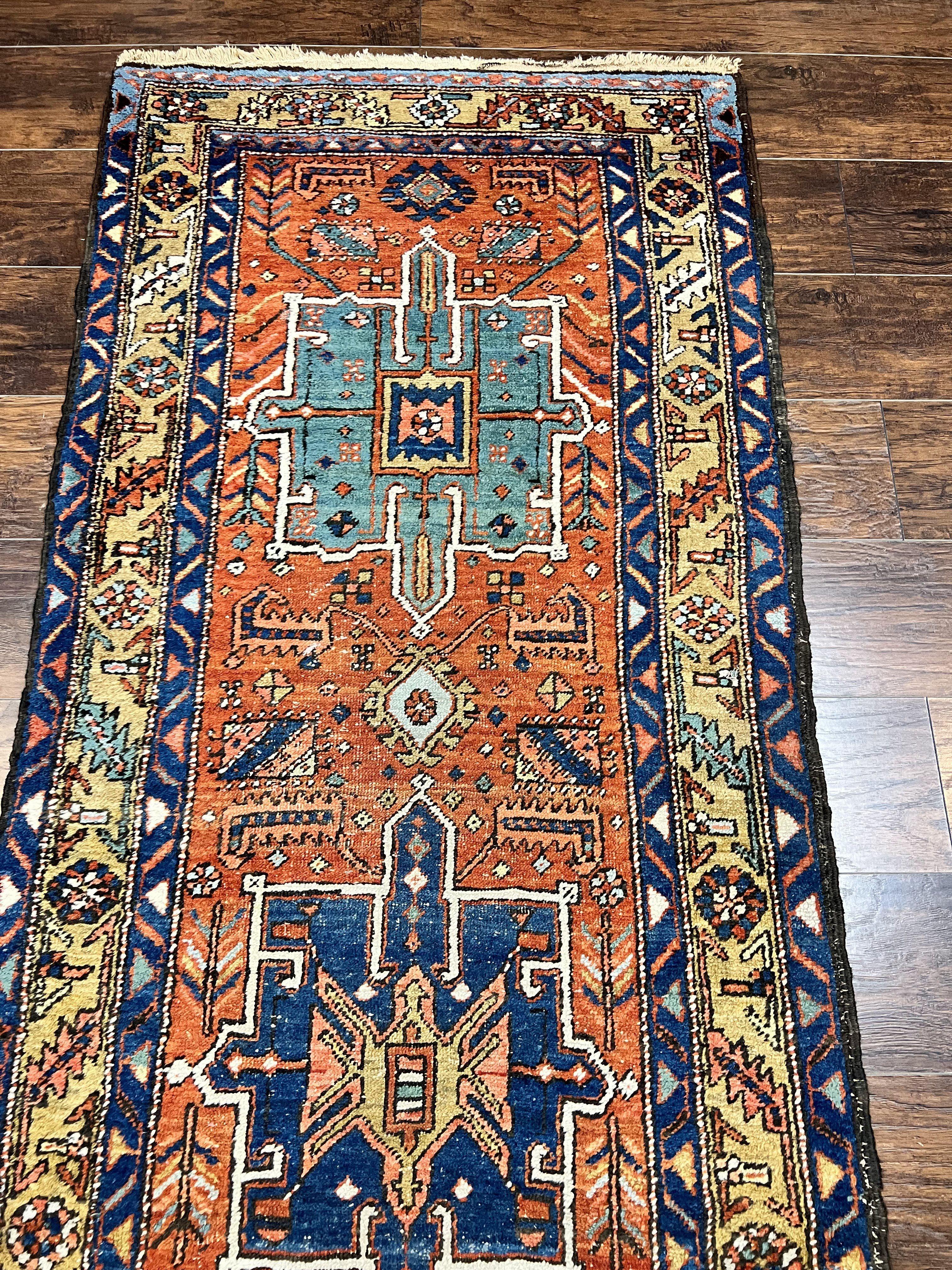 Colorful Persian Karajeh Runner Rug 3 x 10.7, Geometric Heriz Design, Antique Oriental Rug for Hallway, Orange-Red Blue, Handmade Tribal Runner - Jewel Rugs
