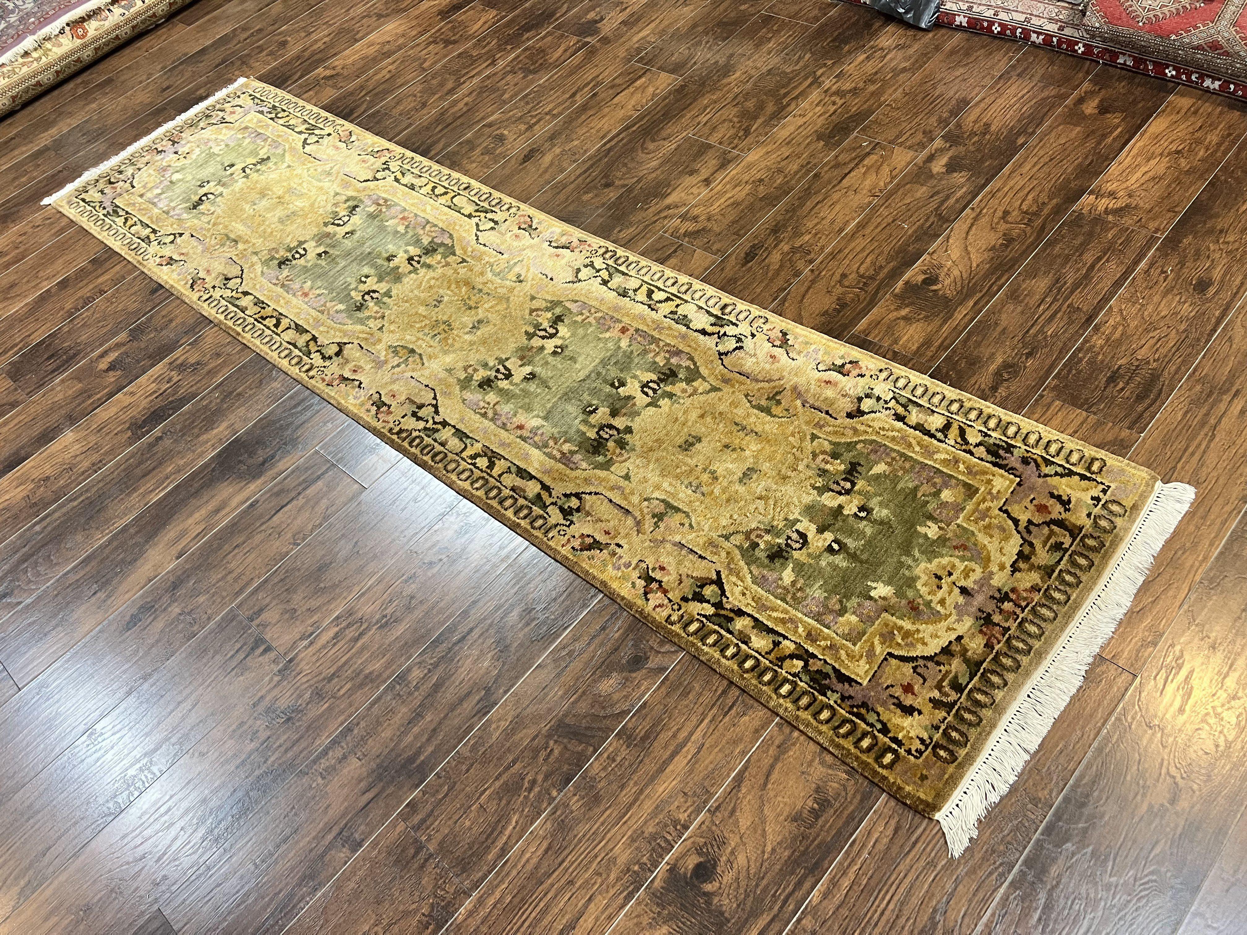 Tibetan Runner Rug 2.6 x 10, French Aubusson Pattern, Gold Olive Green, Vintage Handmade European Design, Wool Hallway Rug - Jewel Rugs