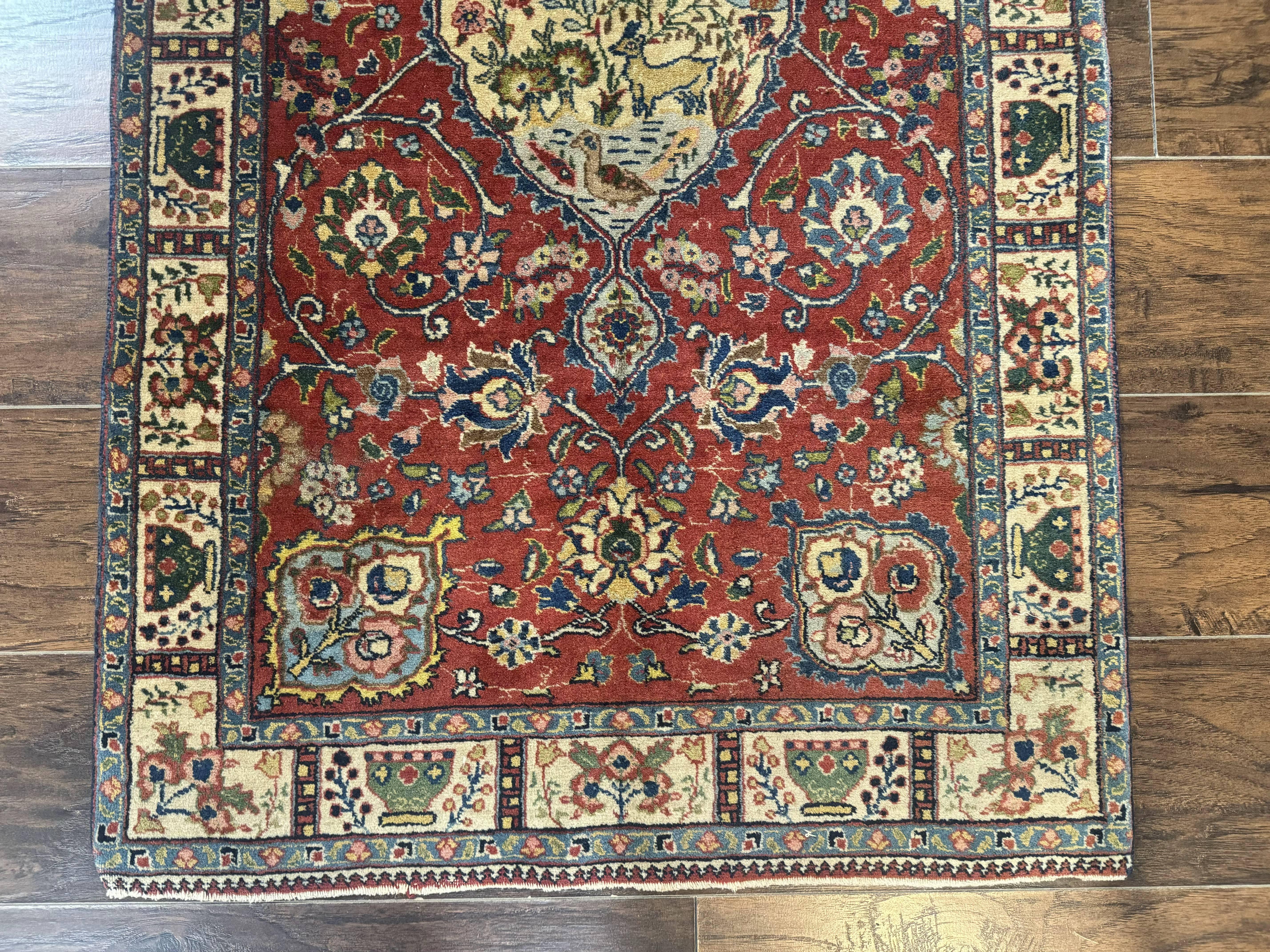 Small Persian Tabriz Rug 2.8 x 4.7, Red, Animal Pictorials, Semi Antique Vintage - Jewel Rugs