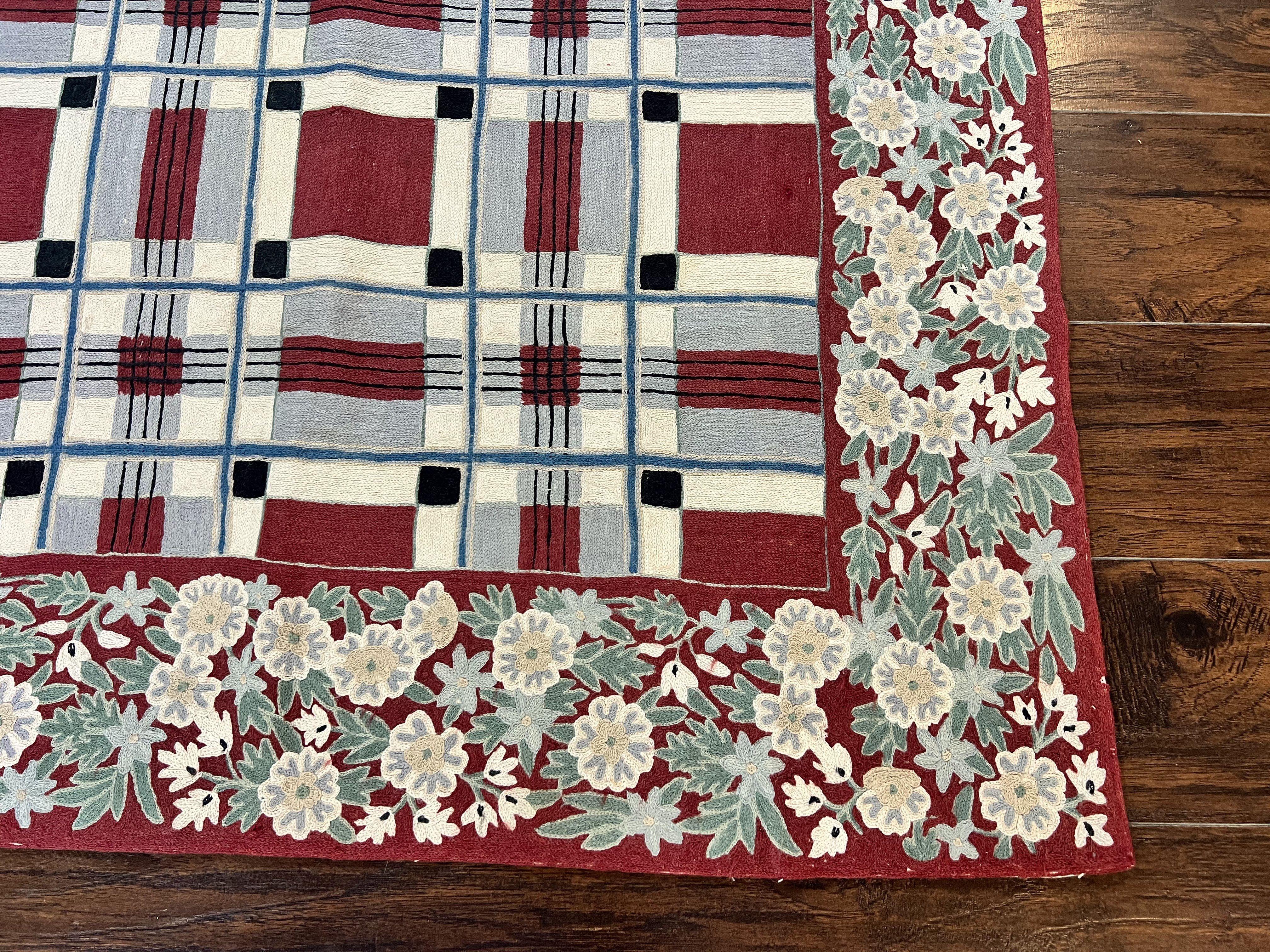 Indian Hand Stitched Rug 4x6, Vintage Carpet, Checkerboard Floral Pattern, Maroon Ivory, Flatweave, Wool - Jewel Rugs