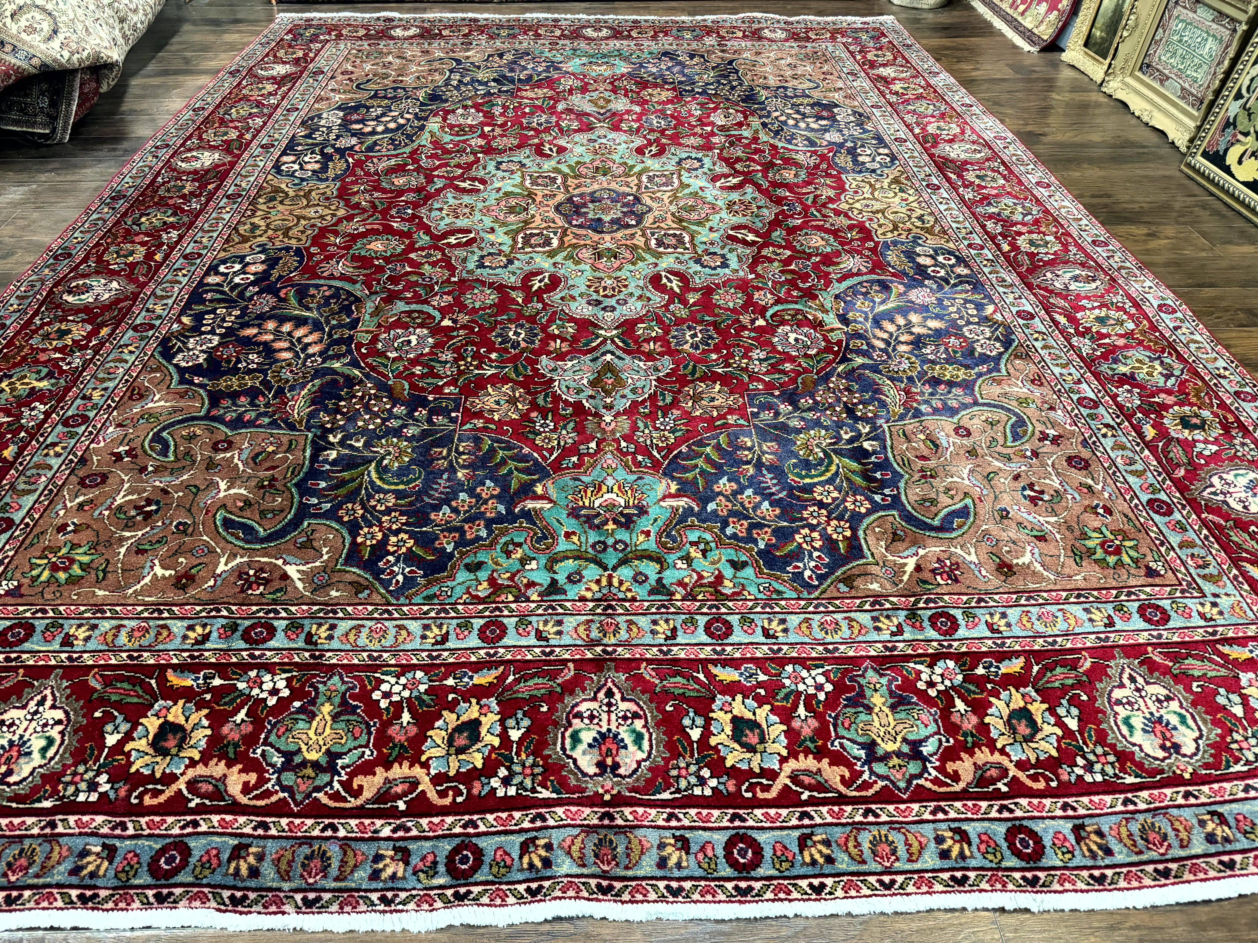 Wonderful Persian Tabriz Rug 10x14, Antique Persian Carpet, Handmade Wool Rug, Floral Medallion, Red Navy Blue, Colorful, Large Persian Area Rug - Jewel Rugs