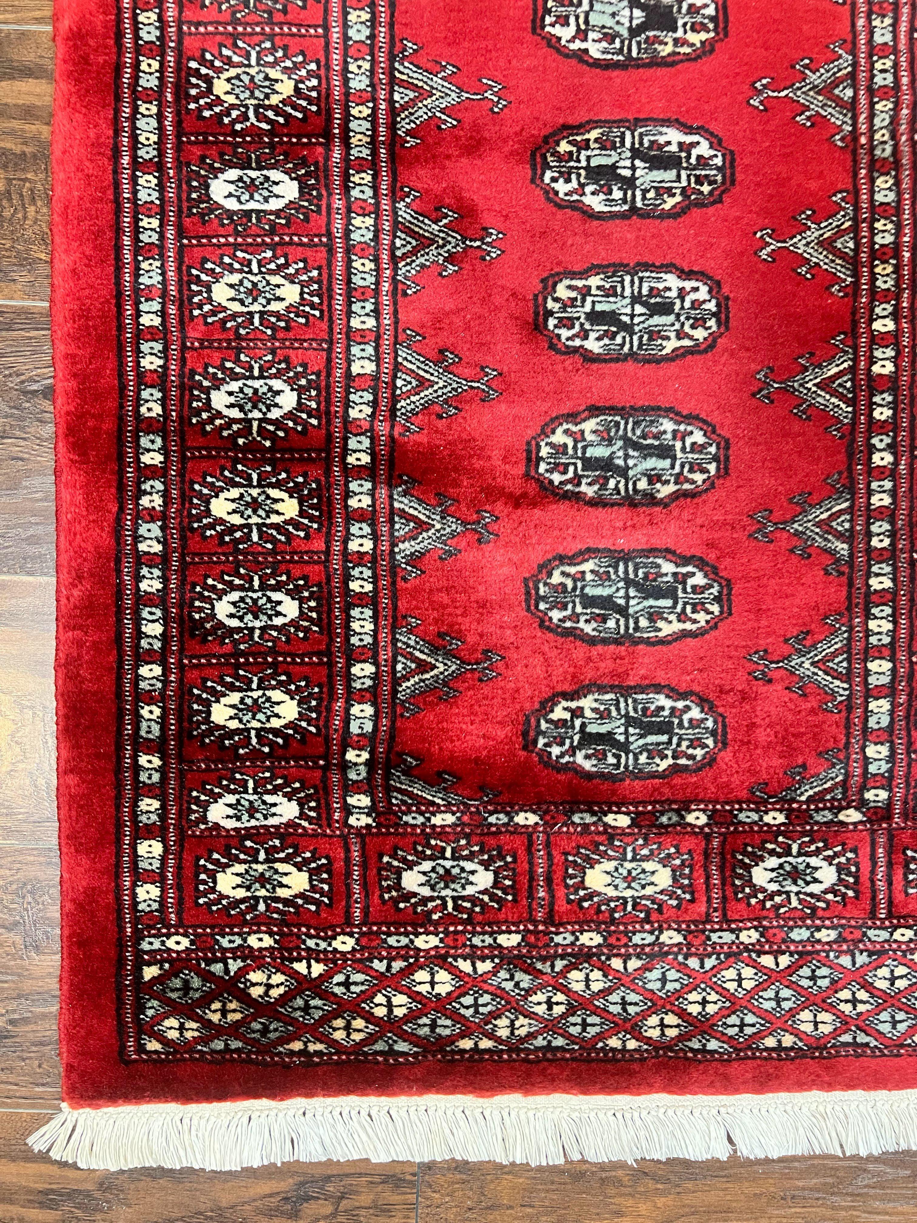 Pakistani Runner Rug 2.8 x 12, Bokhara Turkoman Runner, Wool Hand Knotted Vintage Hallway Rug, Red Ivory & Black - Jewel Rugs