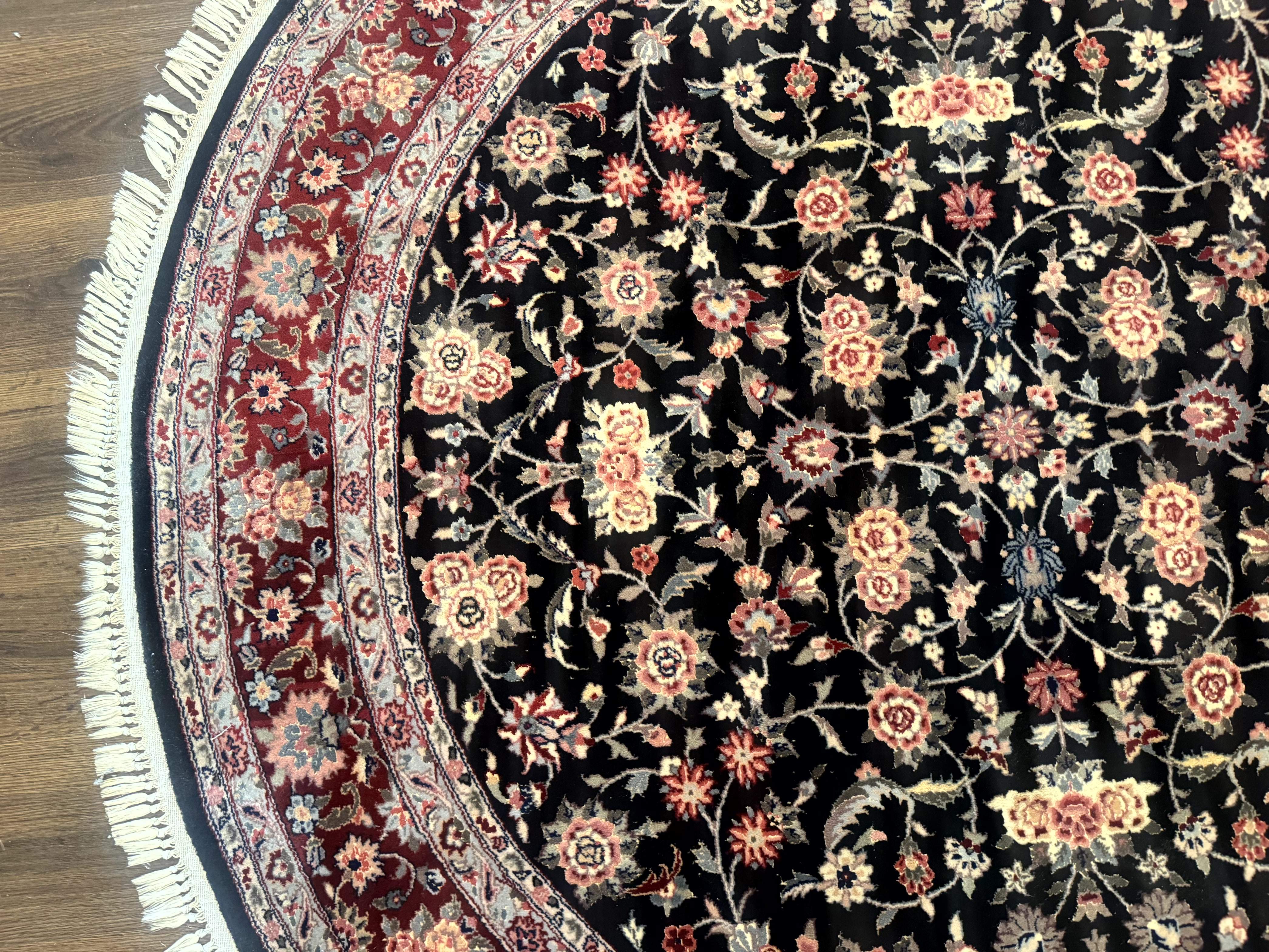 Round Sino Persian Rug 6x6, Floral, Navy Blue and Red, Wool and Silk Highlights - Jewel Rugs