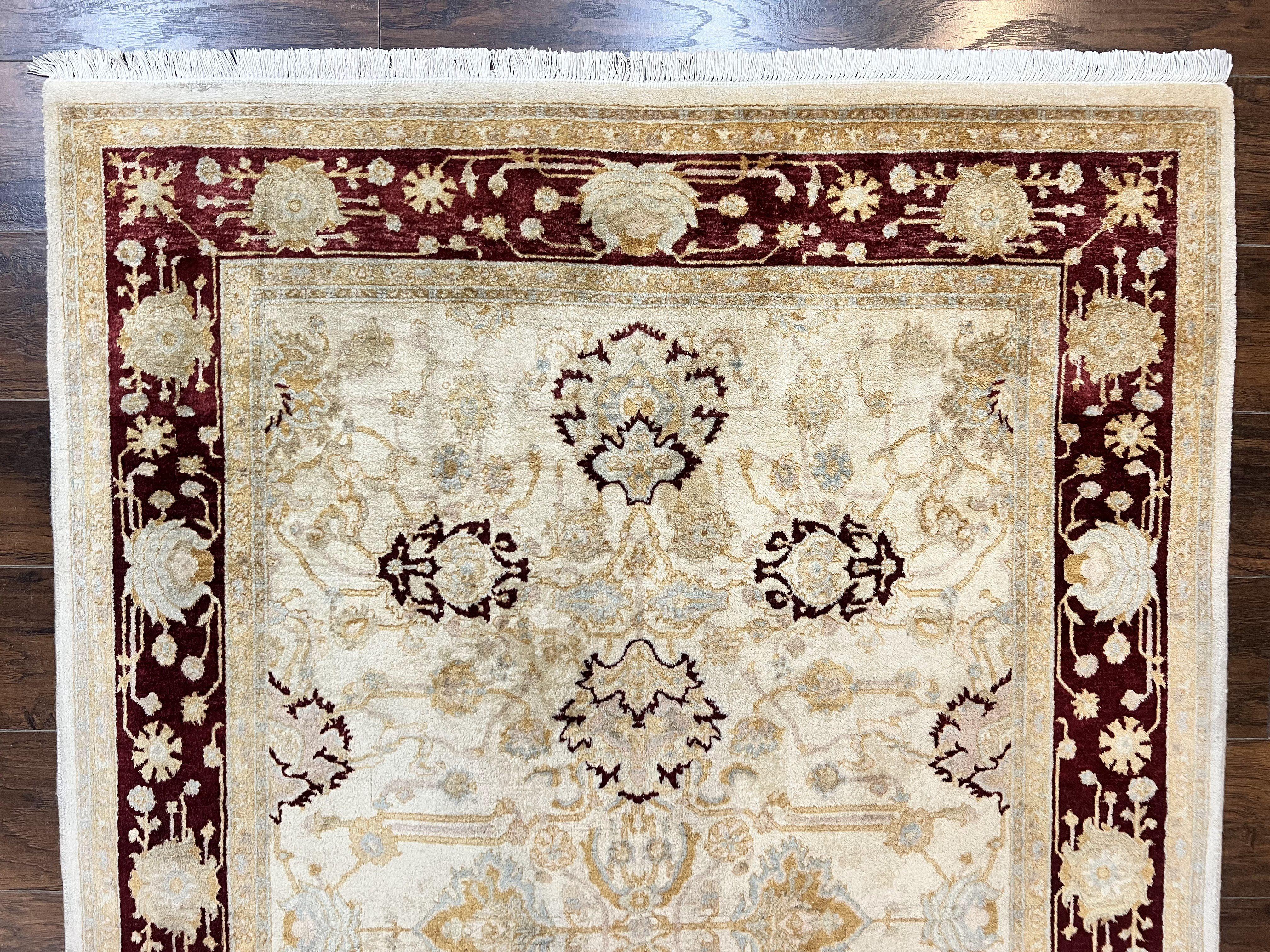 Peshawar Rug 5x7, Beige and Maroon, Vintage Handmade Wool Traditional Carpet 5 x 7 ft, Pakistani Rug, Agra Pattern, Very Fine 260 KPSI - Jewel Rugs