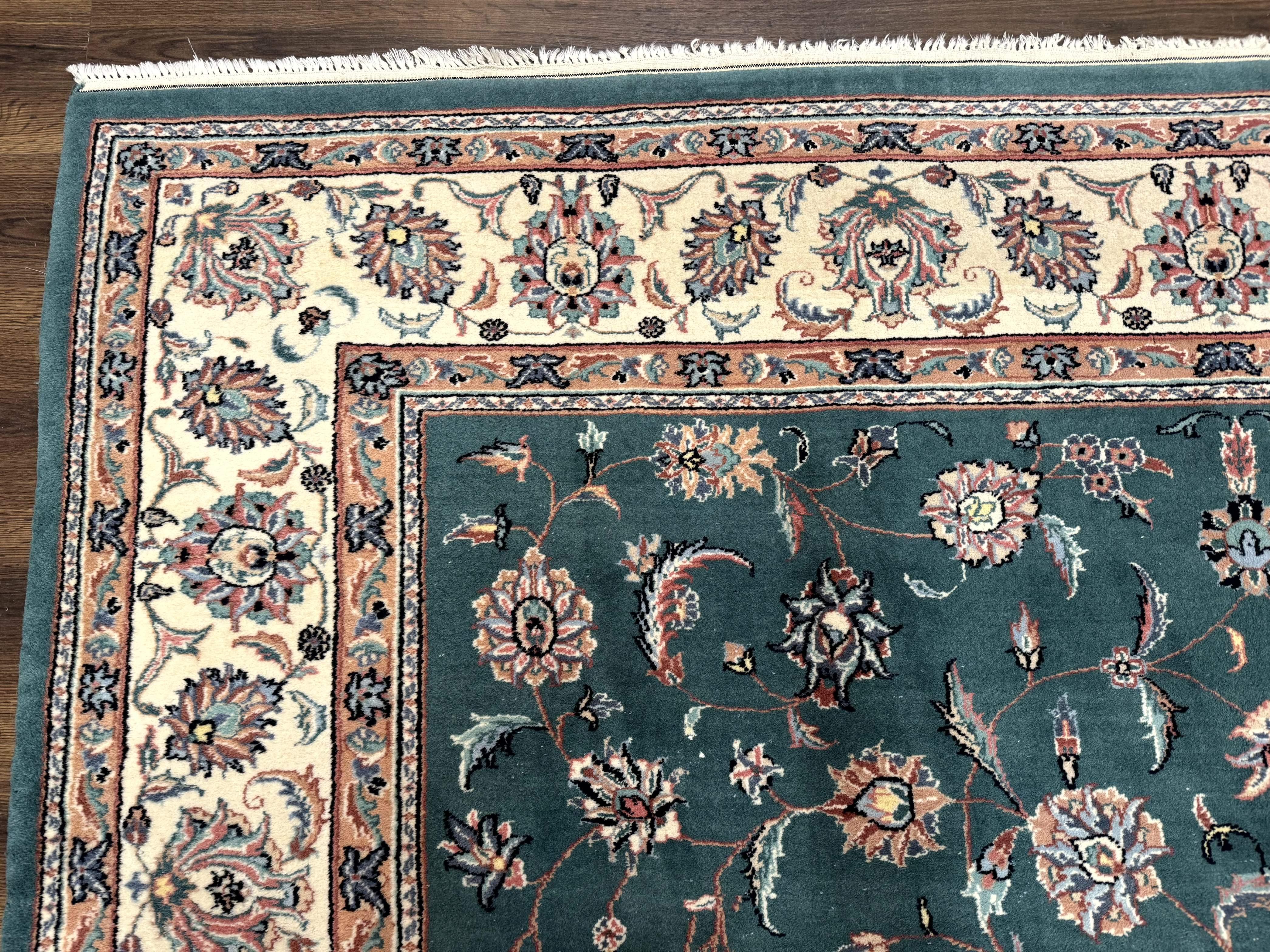 Indo Persian Rug 8x10, Green and Beige Oriental Carpet, Traditional Wool Area Rug, Floral Allover Pattern - Jewel Rugs