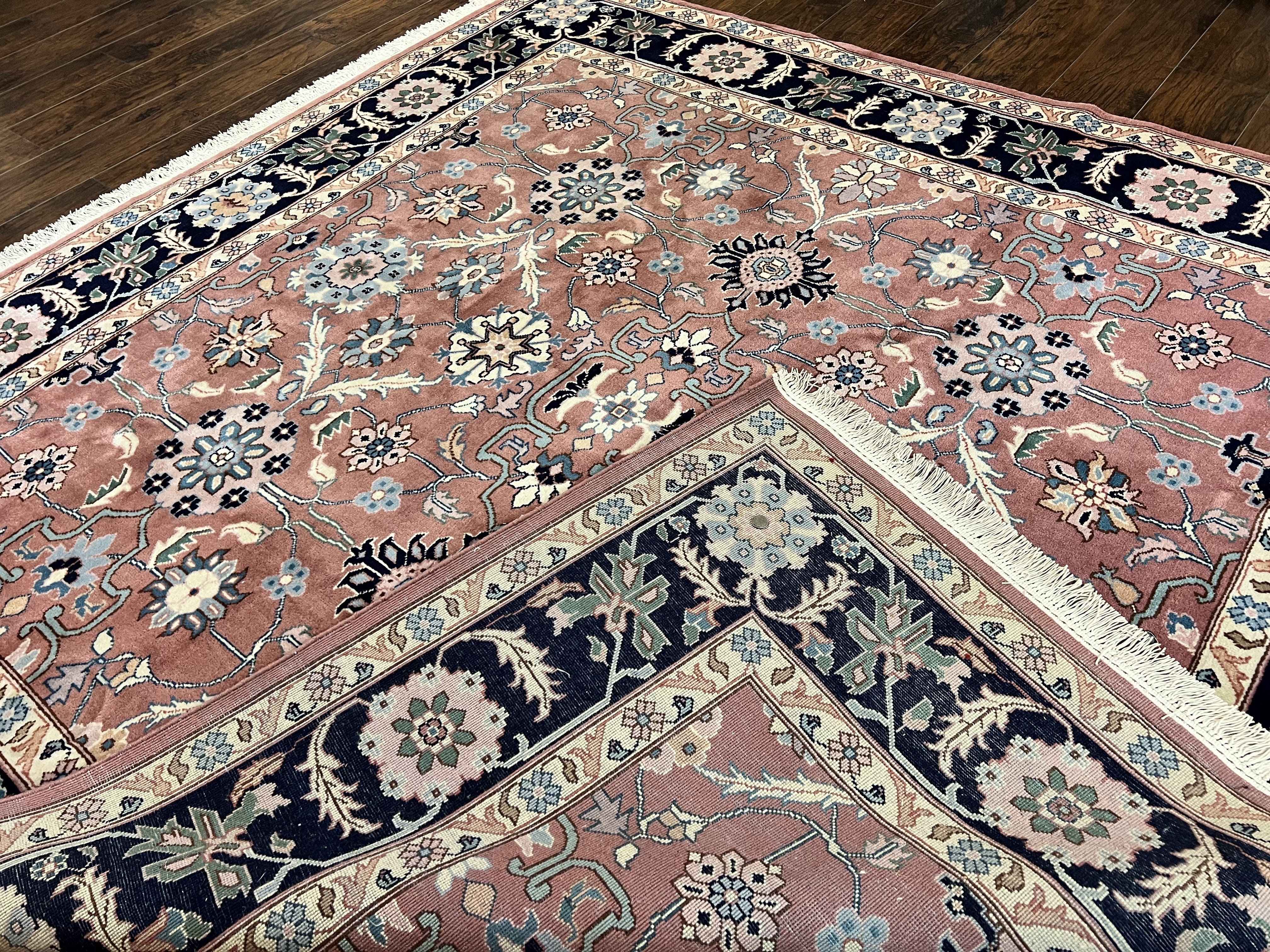 Indo Persian Square Rug 8x8 ft, Pink and Navy Blue, Allover Pattern, Handmade Vintage Wool Carpet - Jewel Rugs