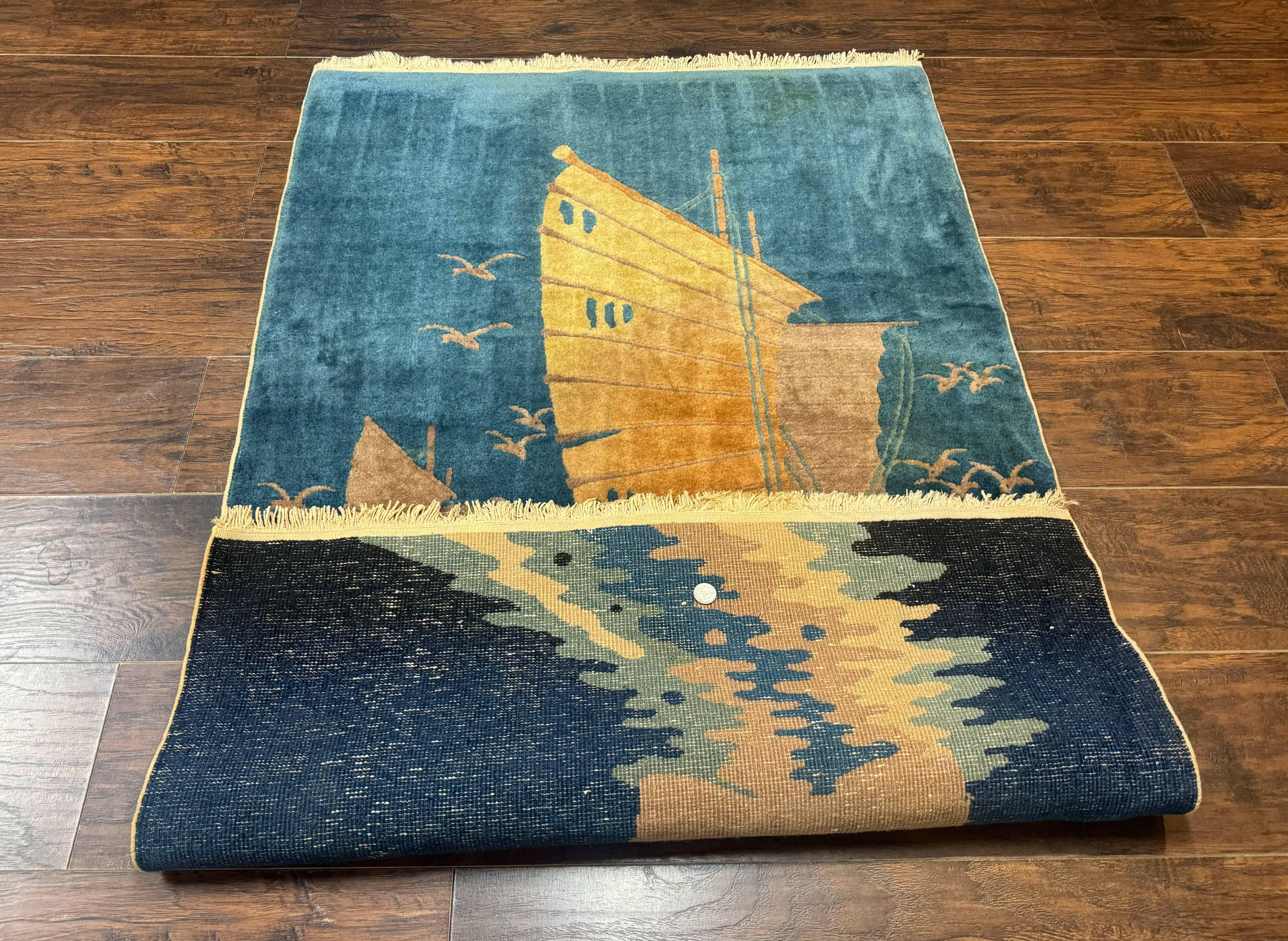 Chinese Art Deco Rug 3x5, Blue, Sailboat and Birds, Seagulls, Ocean, Vintage, Handmade, Chinese Wool Rug, Peking Rug - Jewel Rugs