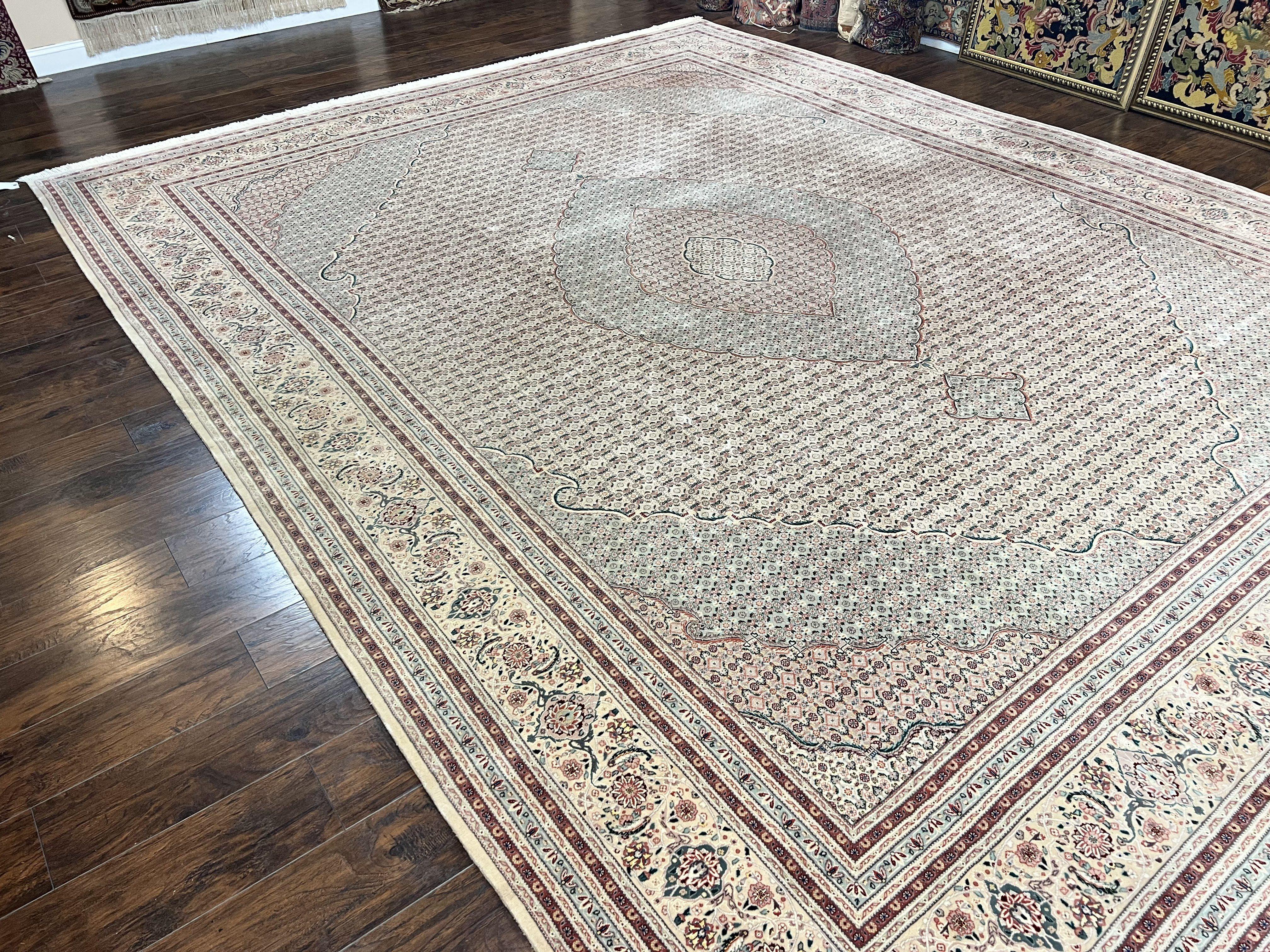 Pak Persian Rug 12x15, Wool & Silk Hand Knotted Vintage Carpet, Mahi Herati Pattern, Beige, Traditional Oversized Extra Large Oriental Rug - Jewel Rugs