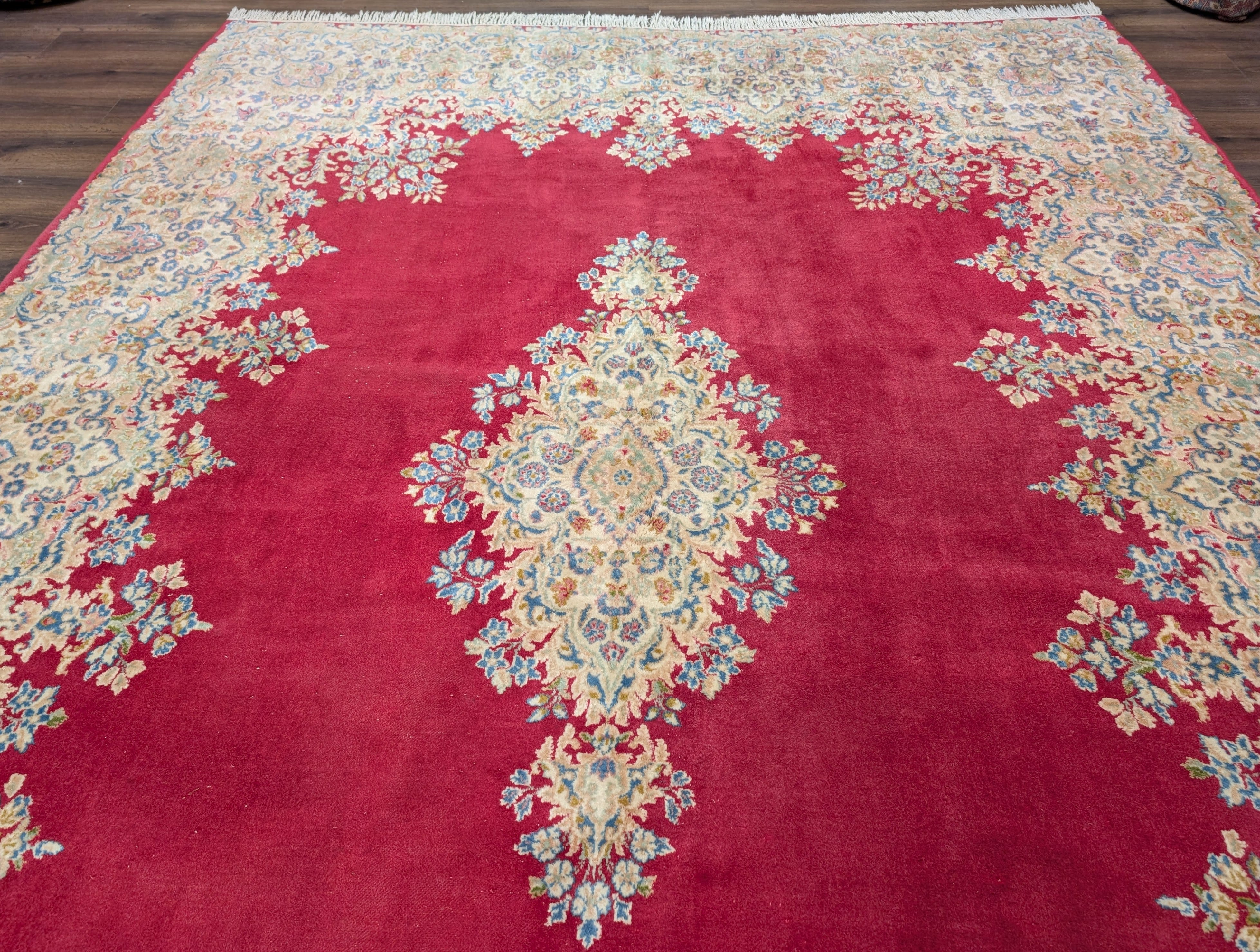 Persian Rug 9x12, Kerman Rug, Semi Open Field, Medallion, Red, Vintage, Wool - Jewel Rugs