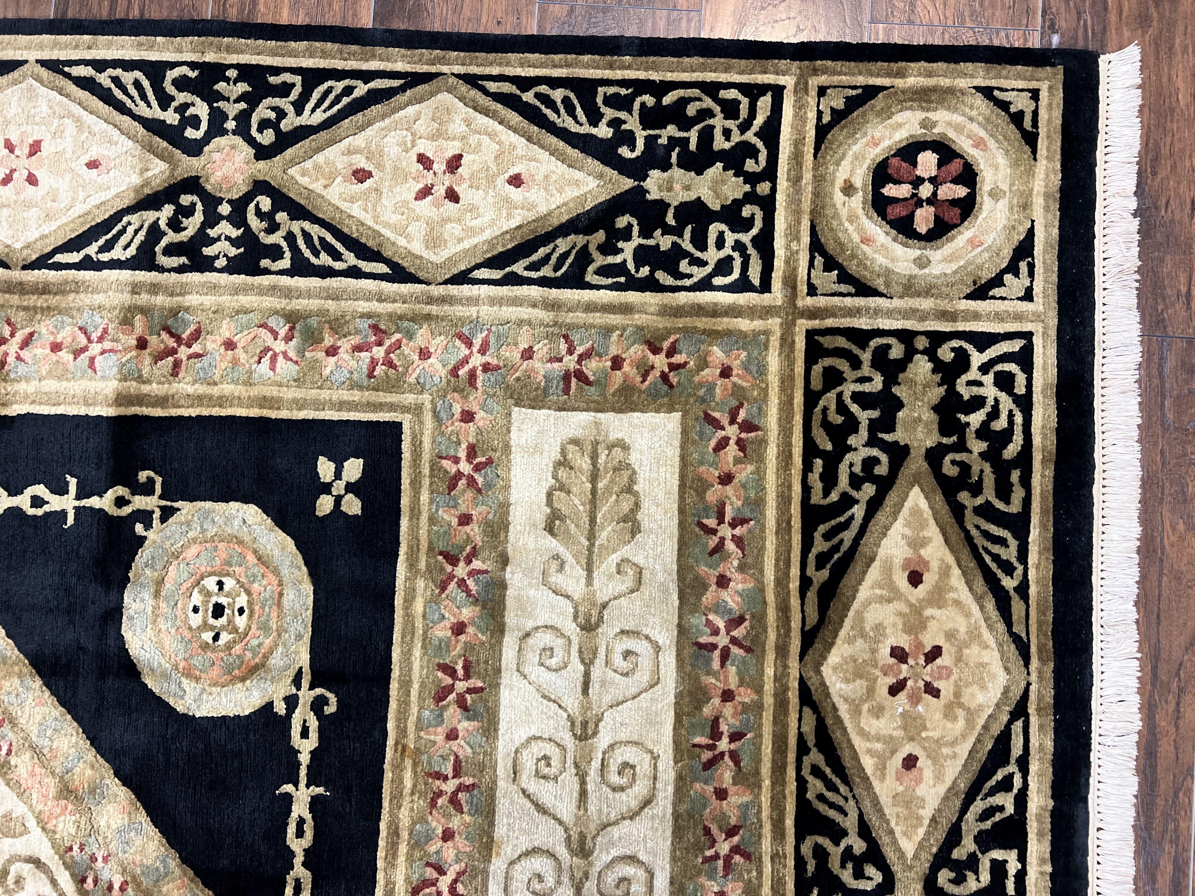 Tibetan Rug 8x10, Nepali Area Rug, Soft New Zealand Wool Carpet 8 x 10 ft, Black Tan Beige, Vintage Handmade Rug, French Aubusson Pattern - Jewel Rugs