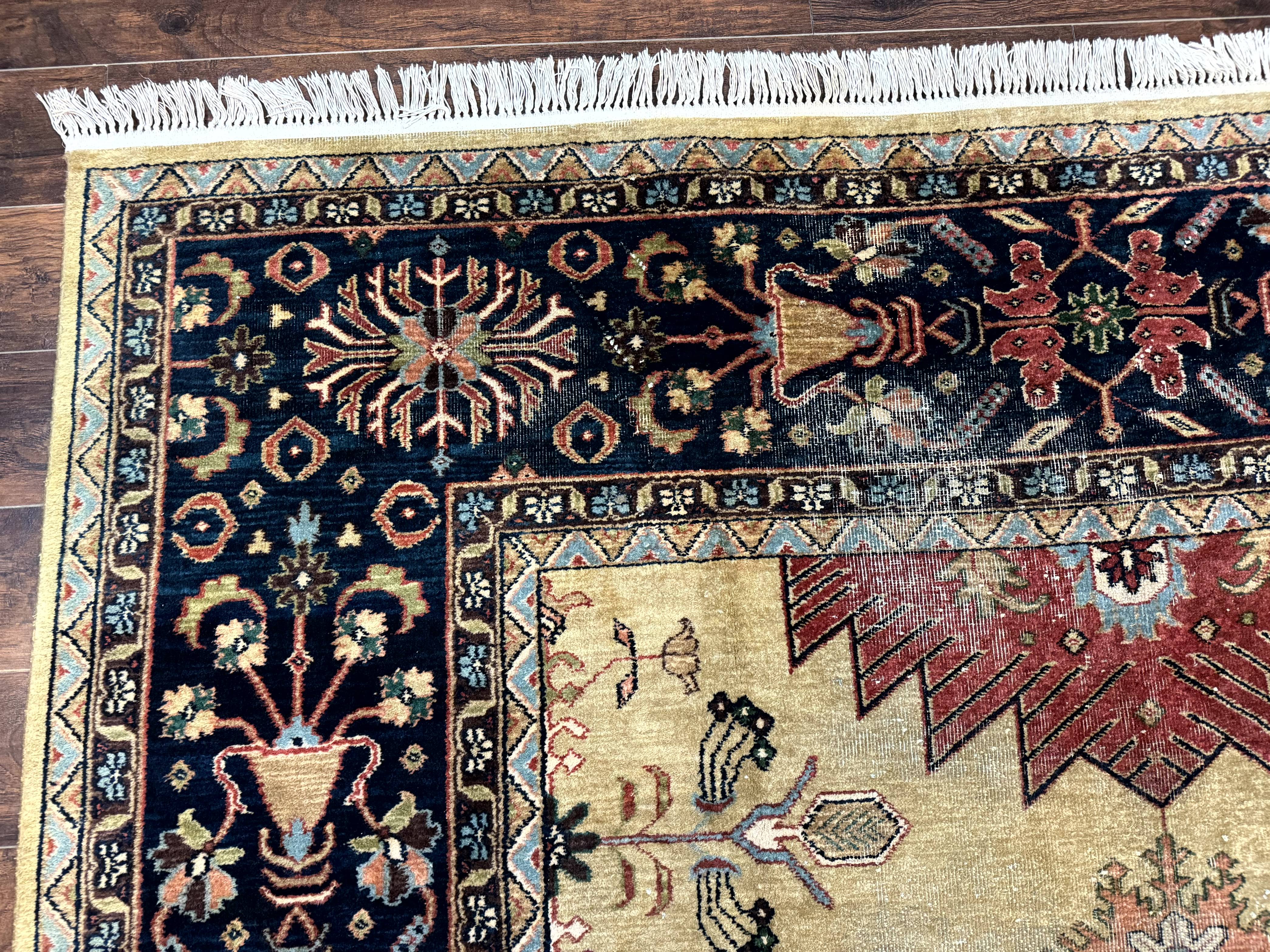 Indo Persian Heriz Rug 8x12, Camel Hair Tan and Navy Blue, Decorative - Jewel Rugs