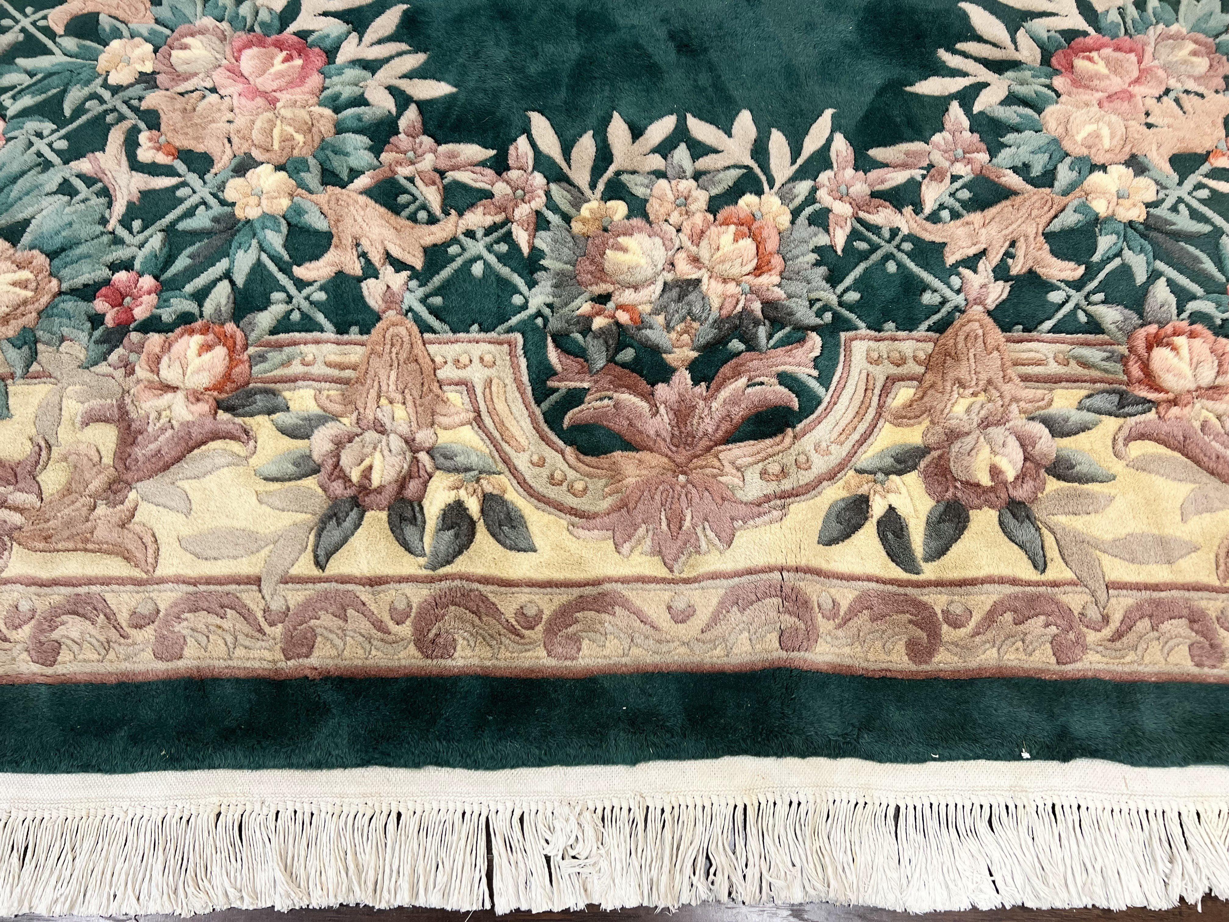 Chinese Wool Rug 9x11, Chinese Aubusson Carpet 9 x 11, Green and Cream, 120 Line, Handmade Room Sized Plush Pile, Vintage Rug - Jewel Rugs