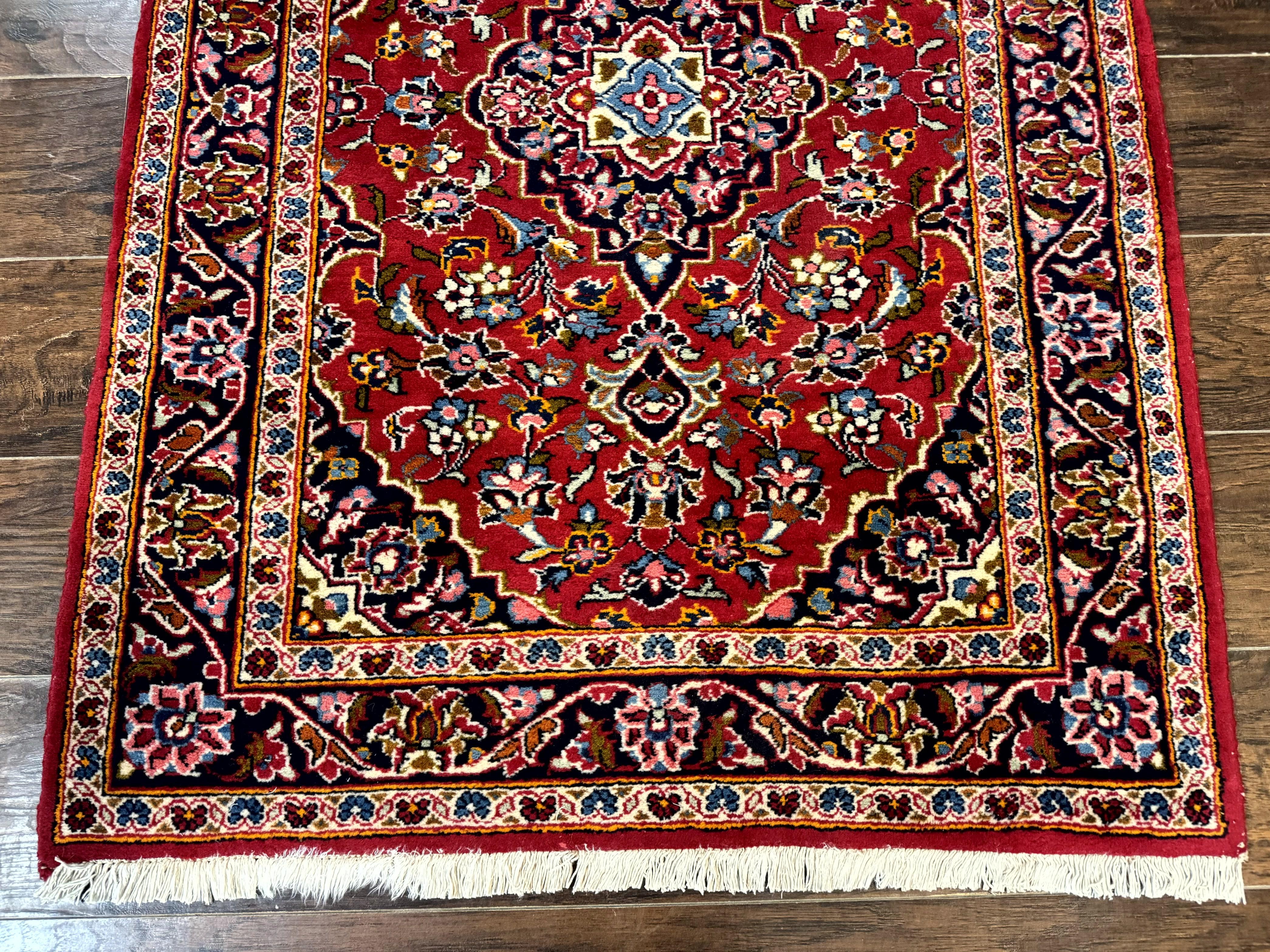 Small Red Persian Kashan Rug 3x5, Floral Medallion, Semi Antique, 150 KPSI, Wool, Handmade - Jewel Rugs