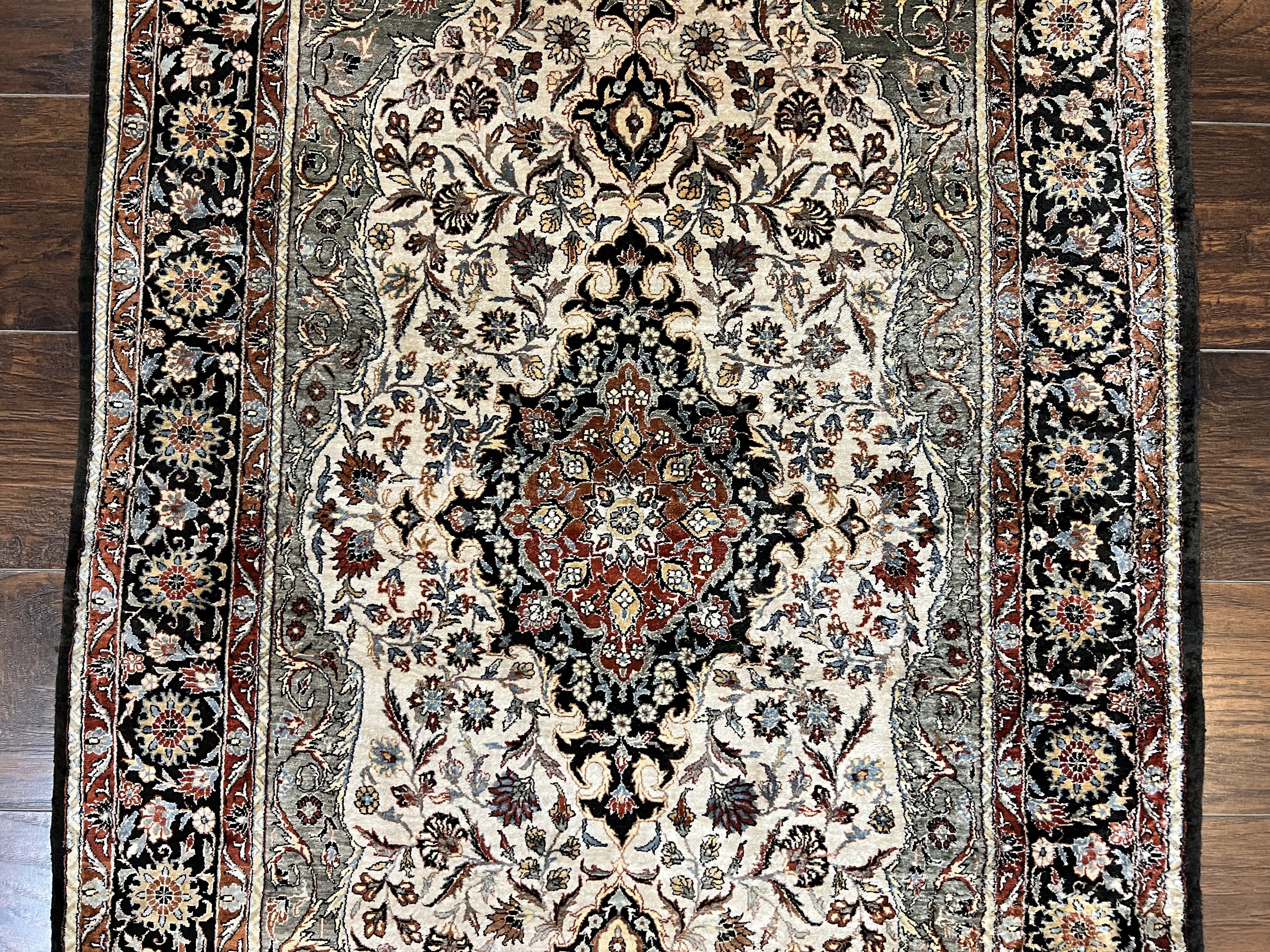 Silk Sino Persian Rug 3x5, Floral Medallion, Hand Knotted Silk Pile Silk Foundation, Traditional Silk Handmade Oriental Carpet, Cream Black - Jewel Rugs