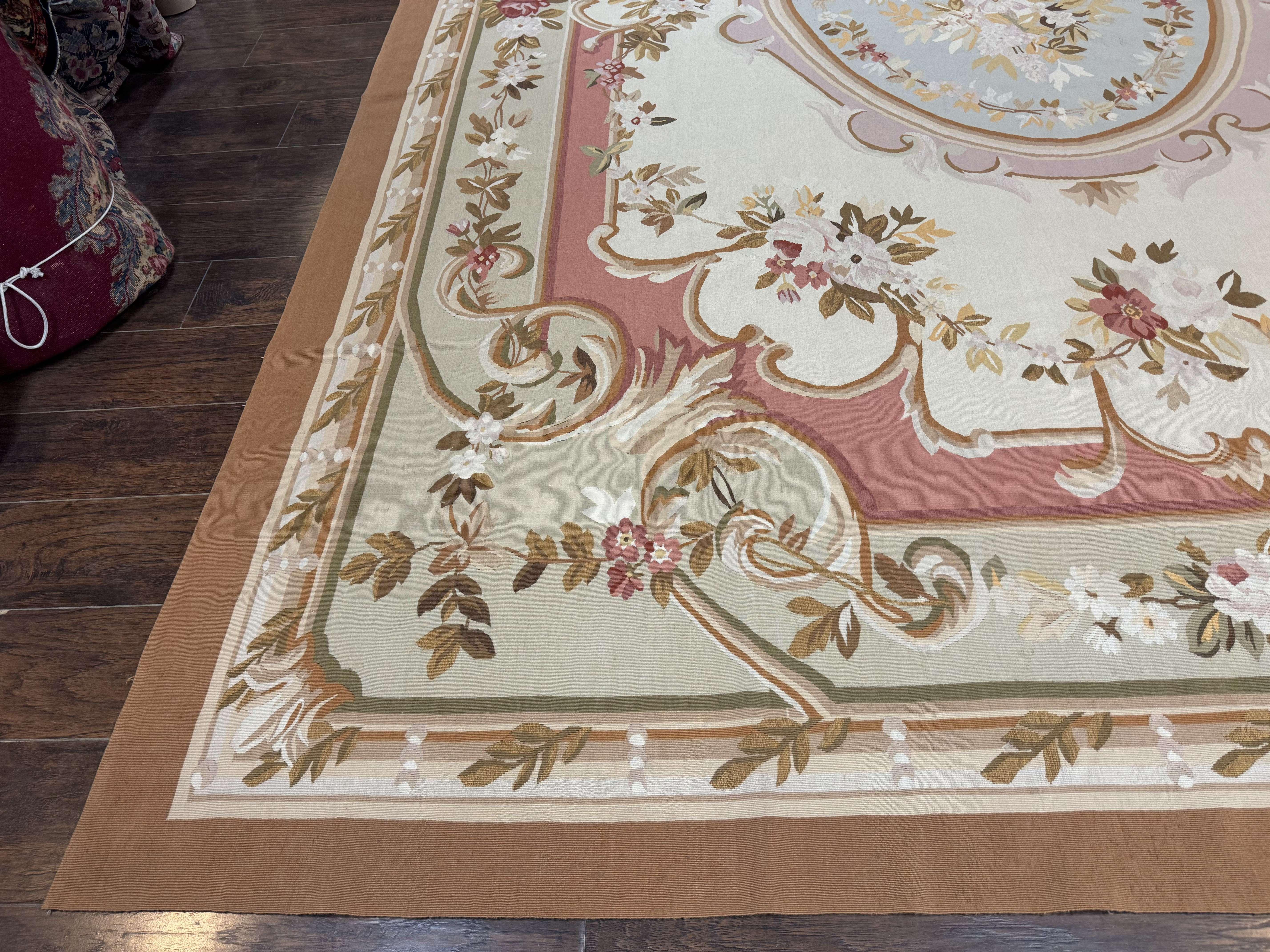 French Aubusson Rug 10x14, Vintage Flatweave European Handmade Carpet, Ivory LIght Blue Pink, Large Aubusson Rug - Jewel Rugs