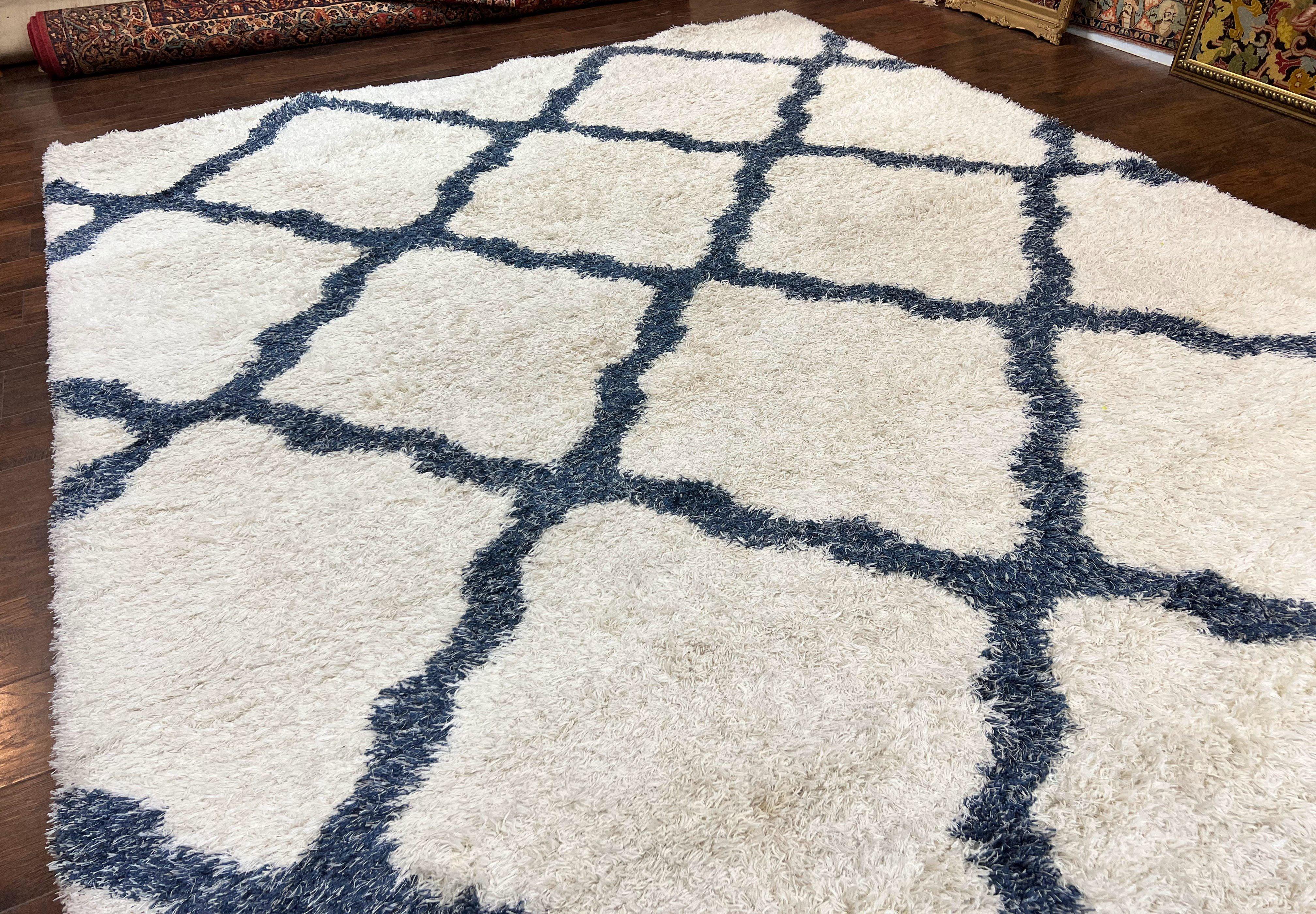 Modern Shag Rug 9x12, Ivory and Dark Blue, Diamond Pattern, Soft, Room Sized, Contemporary Rug, Plush - Jewel Rugs