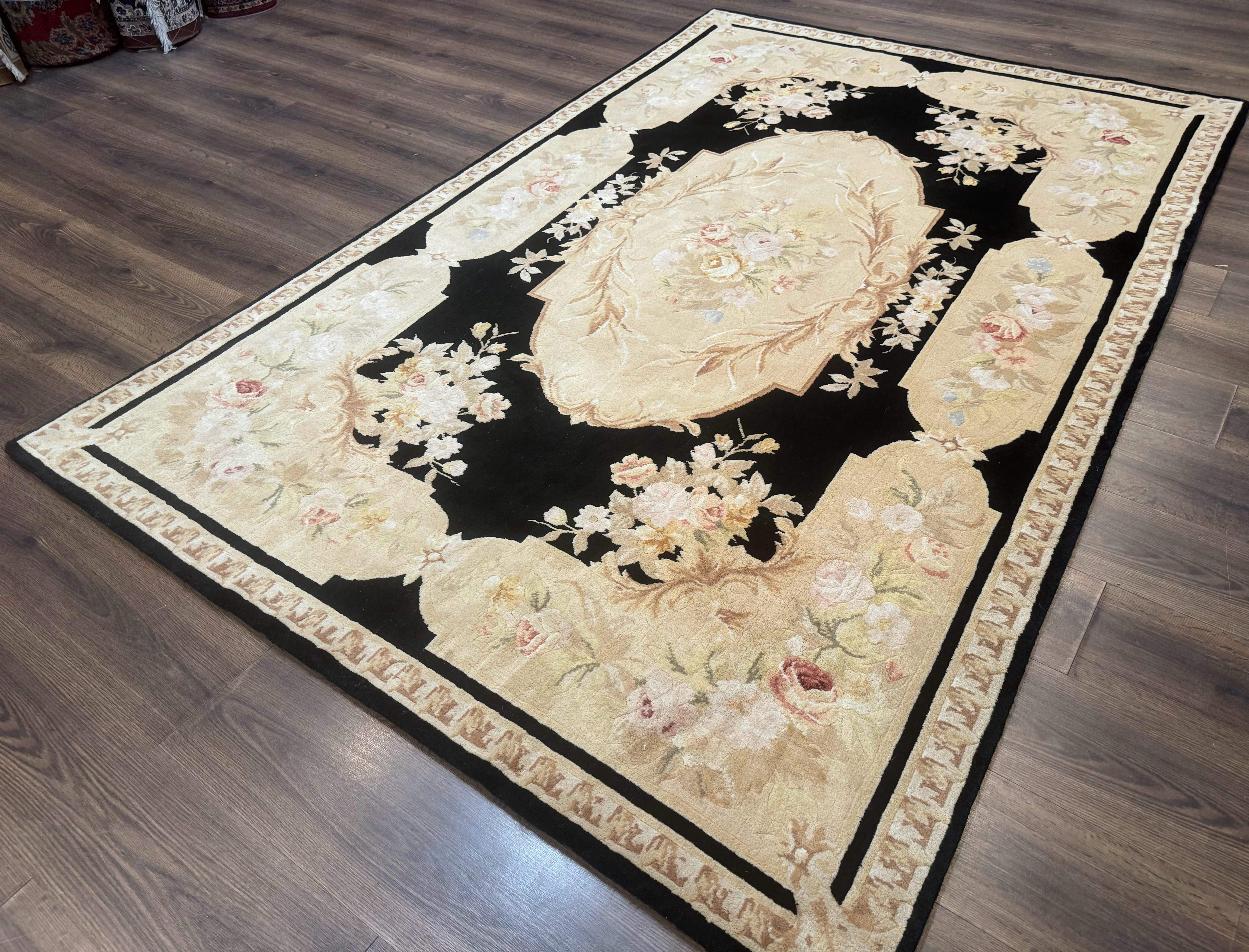 Chinese Aubusson Rug 6x9, Wool Pile, Black, Floral, Elegant - Jewel Rugs