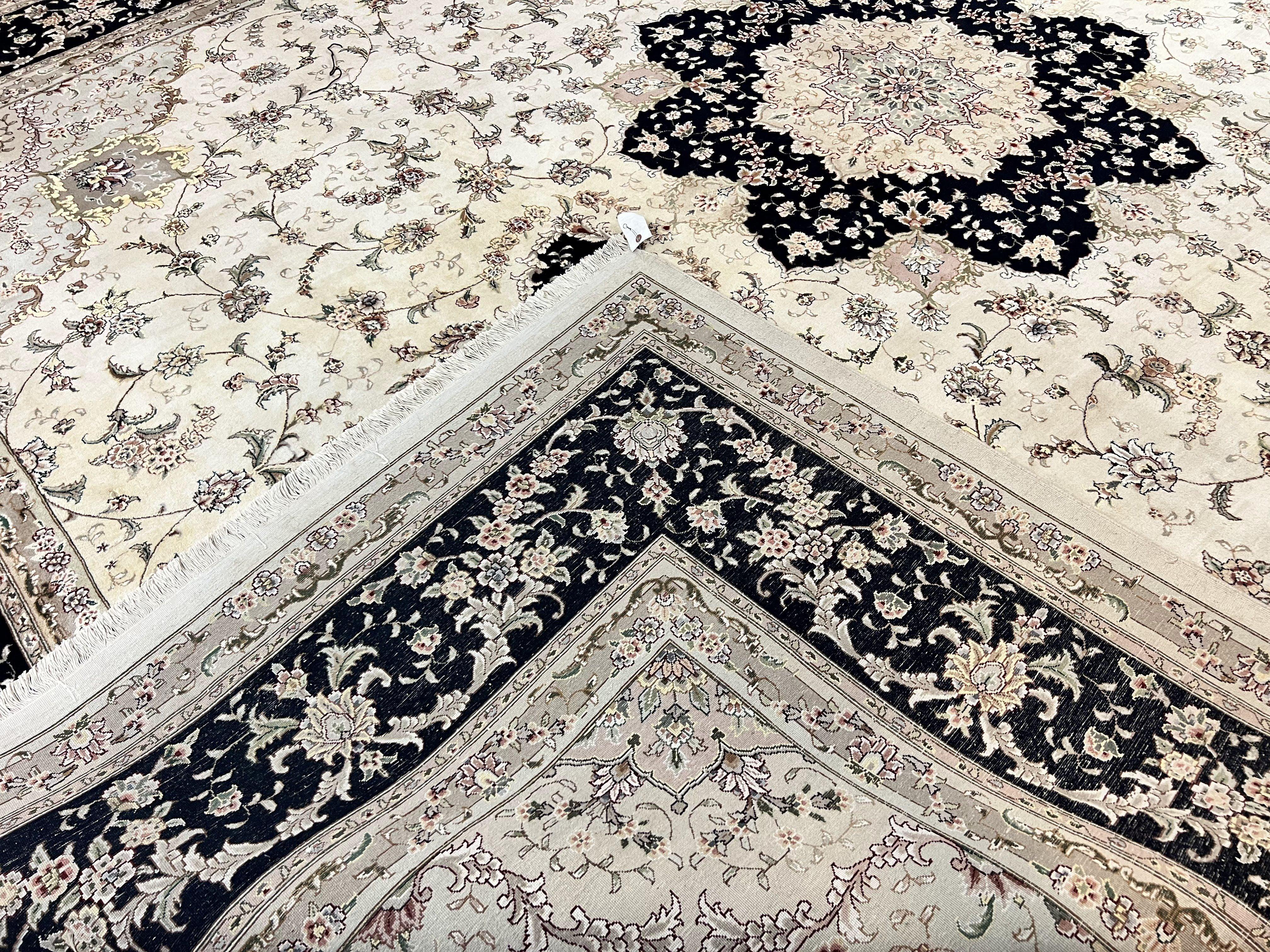 Sino Persian Rug 12x15, Ivory and Black, Floral Medallion Carpet, Large Palace Size Oriental Rug, Wool and Silk Highlights, Vintage Rug - Jewel Rugs