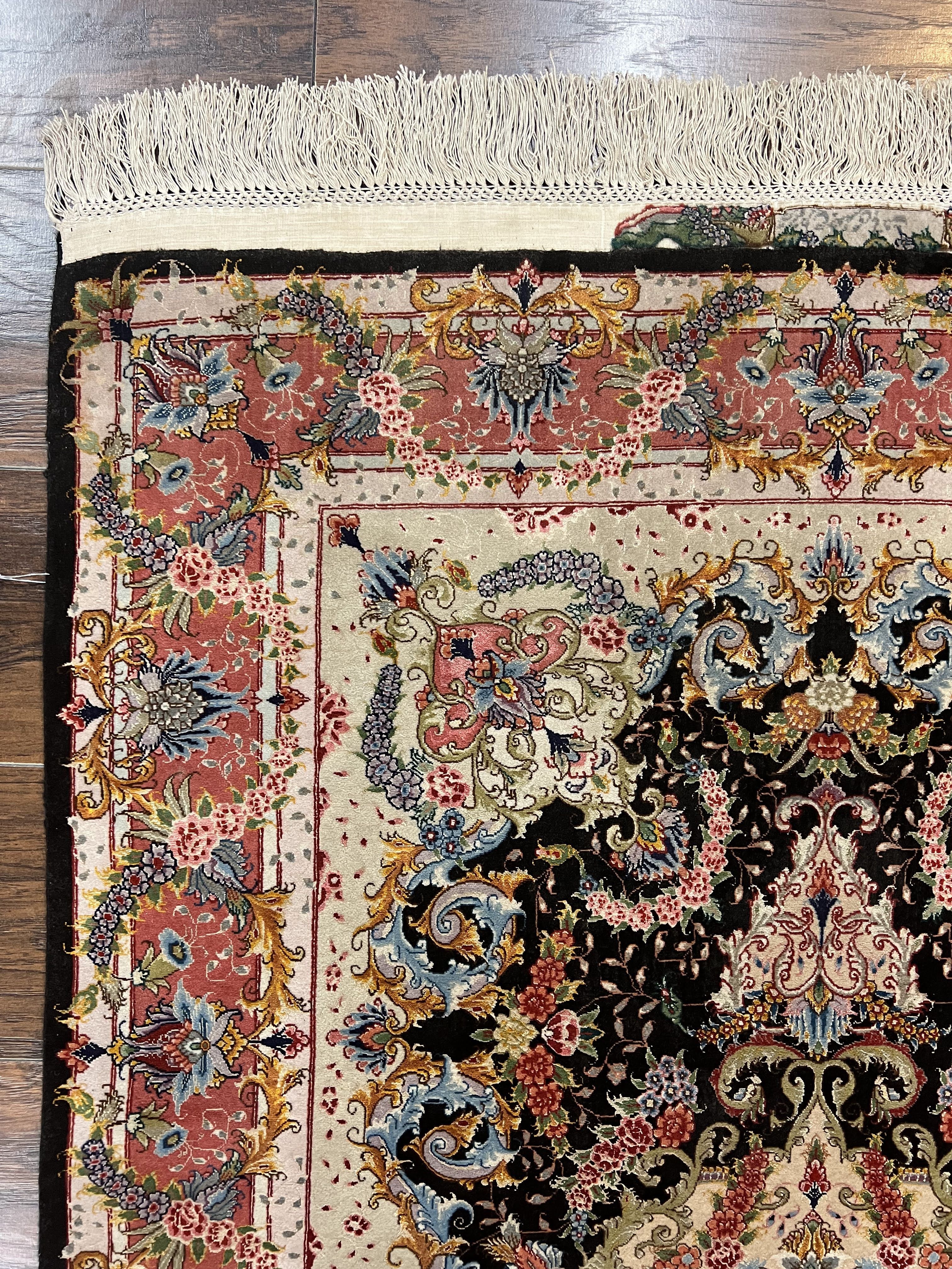 Stunning Persian Tabriz Rug 3.5 x 5, Super Fine, Kork Wool on Silk, Floral Medallion, 70 Raj, 650 KPSI, Signed Master Piece, Hand Knotted, Black - Jewel Rugs