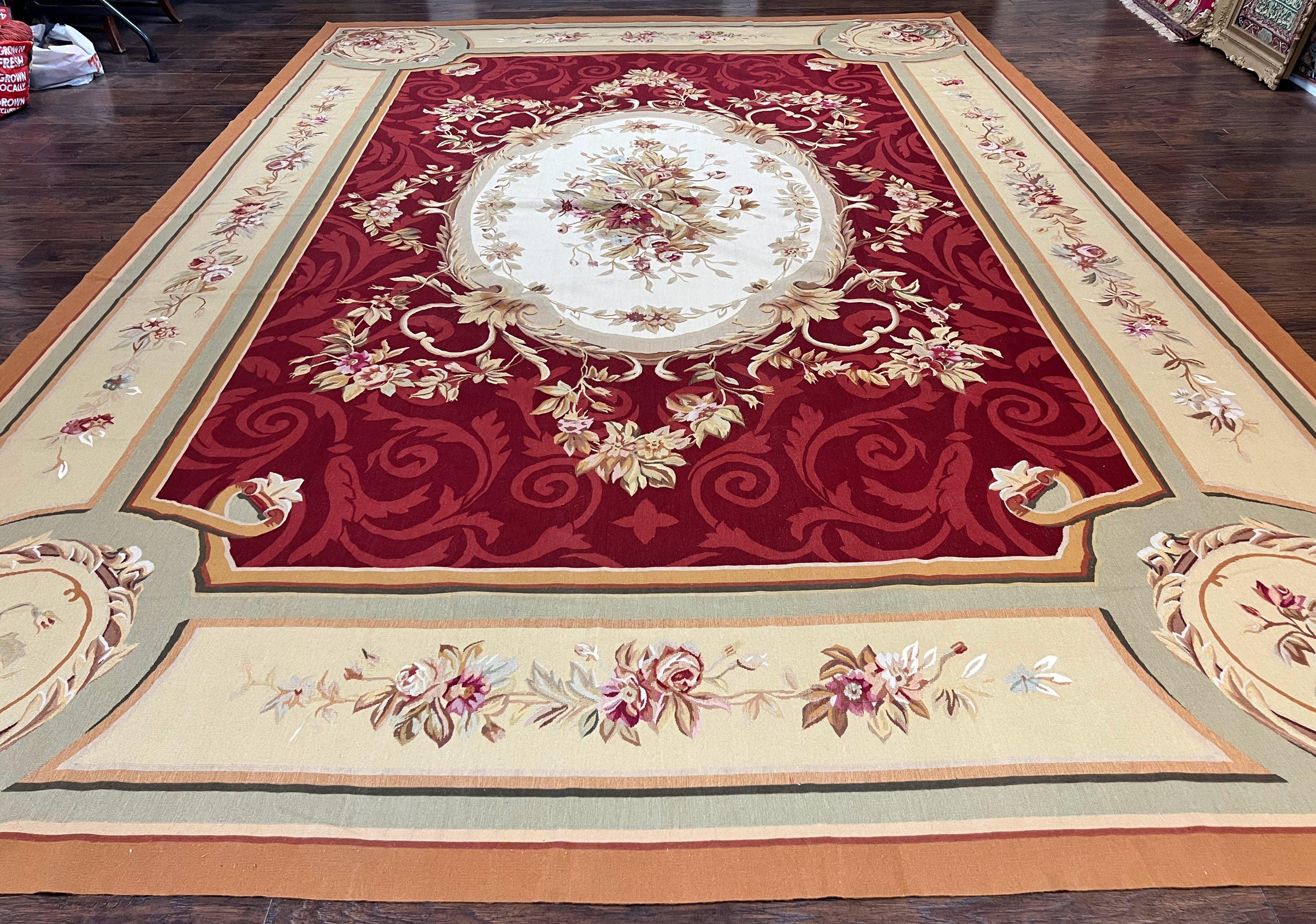 Large Aubusson Rug 10x14, Wool Handmade Vintage Carpet, Dark Red Ivory Tan, French European Elegant Aubusson Weave Rug - Jewel Rugs