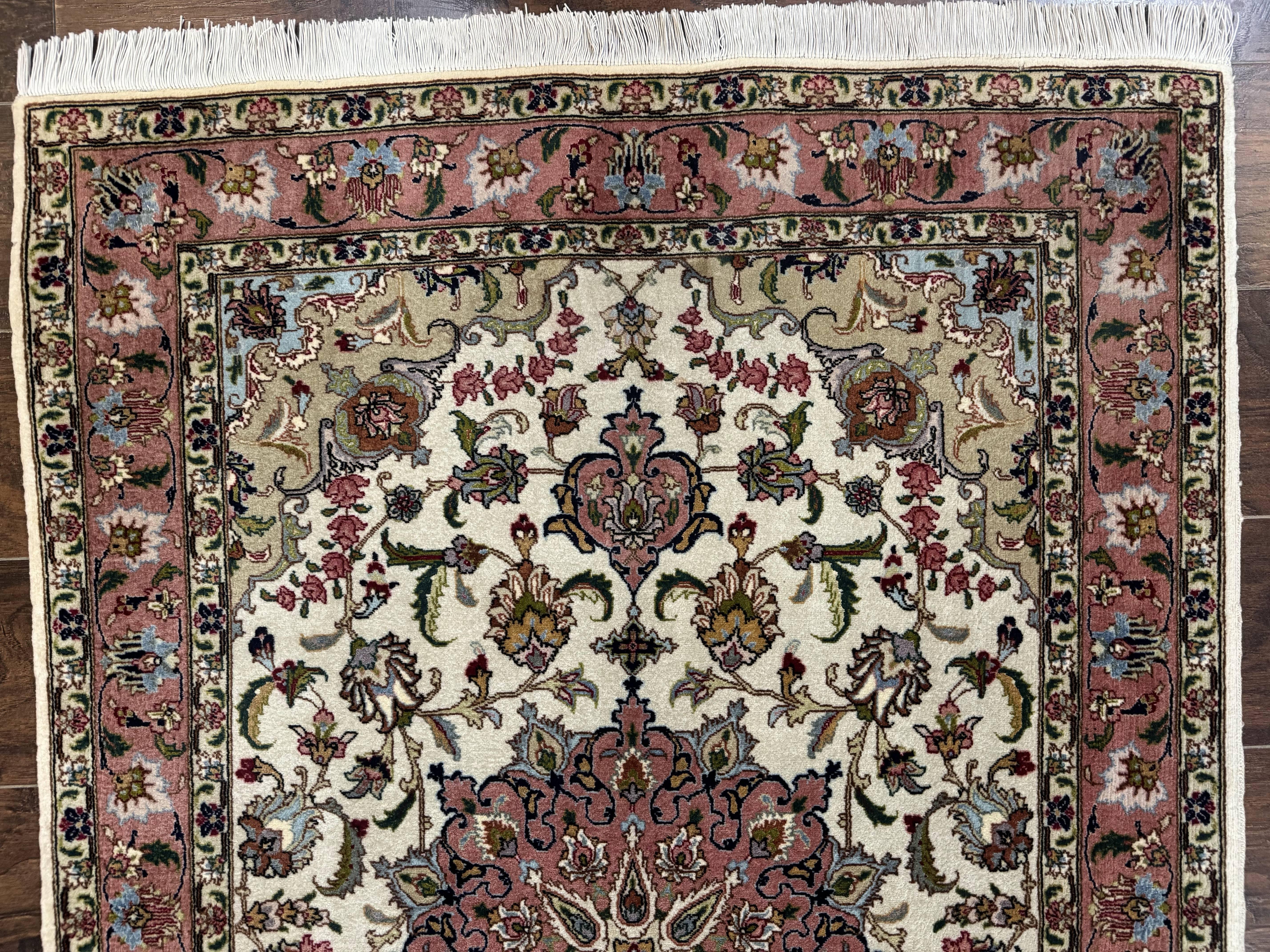 Fine Persian Tabriz Rug 3x5, Floral Medallion, 340 KPSI, Ivory Salmon - Jewel Rugs