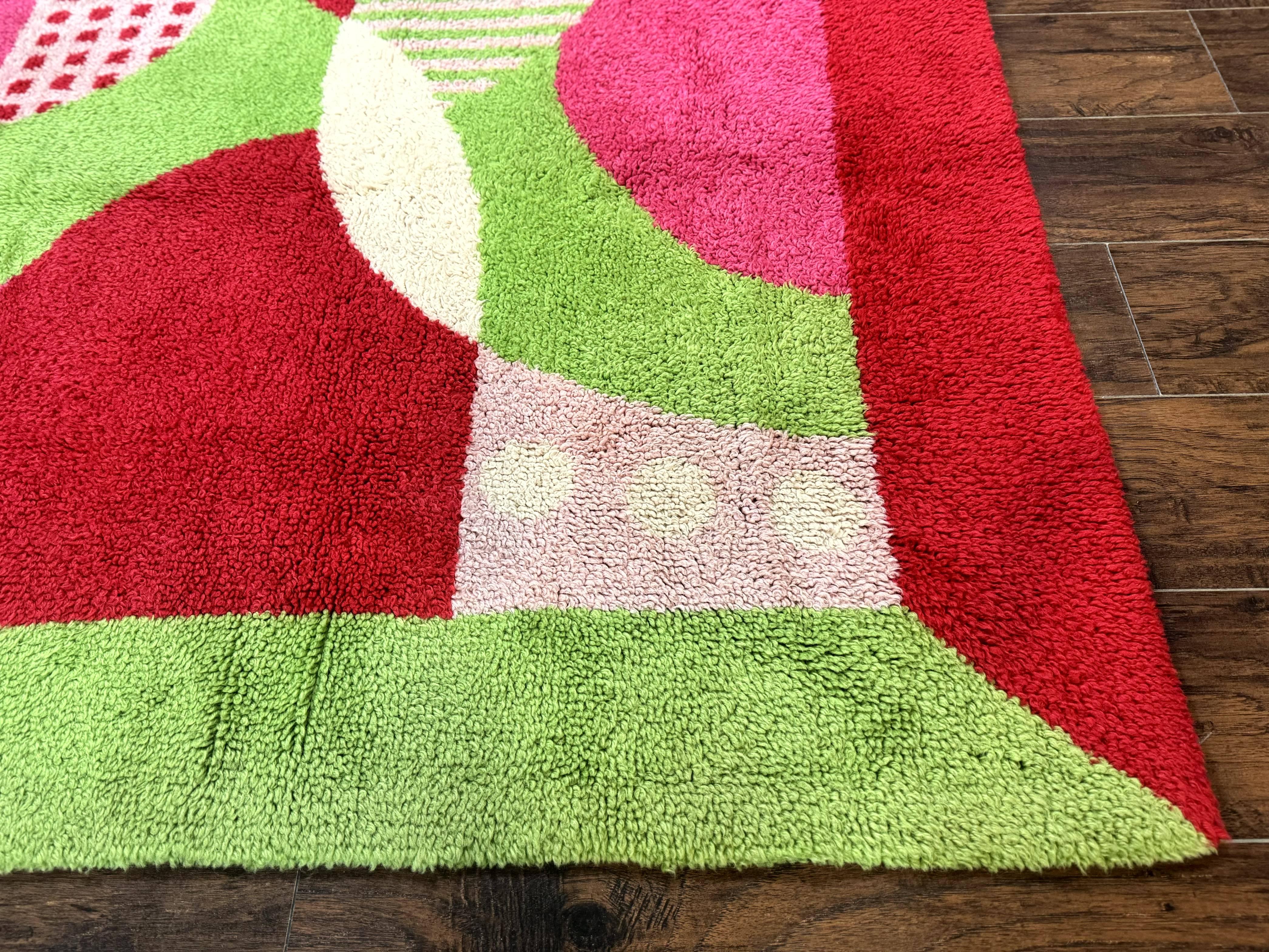 European Shag Rug 4.8 x 4.8, Modern Abstract Design, Green Pink Red, Square Shag Rug, Unique - Jewel Rugs