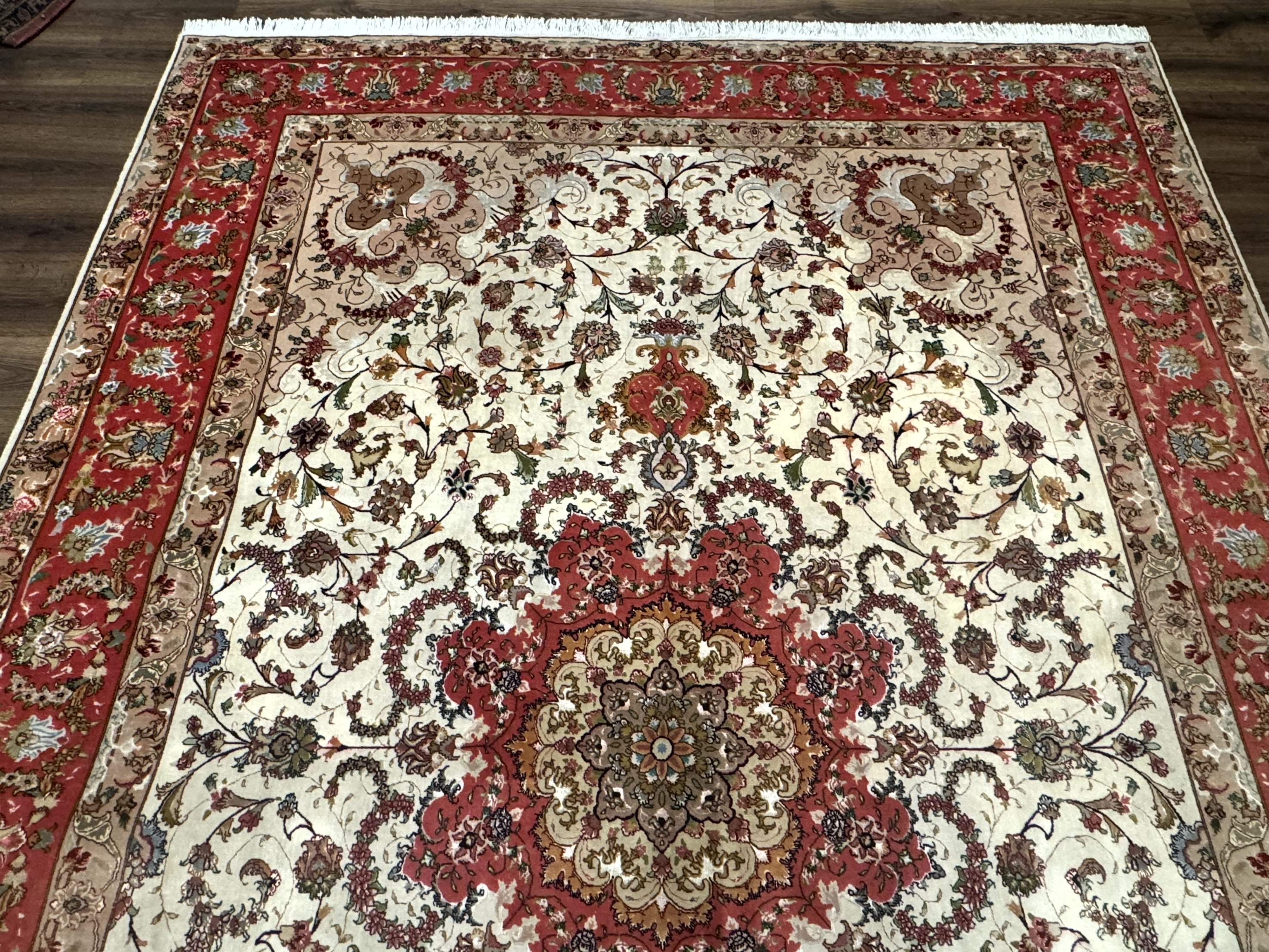 Persian Tabriz Rug 8x12 – Ivory and Coral Red, Hand-Knotted Wool Fine Carpet - Jewel Rugs