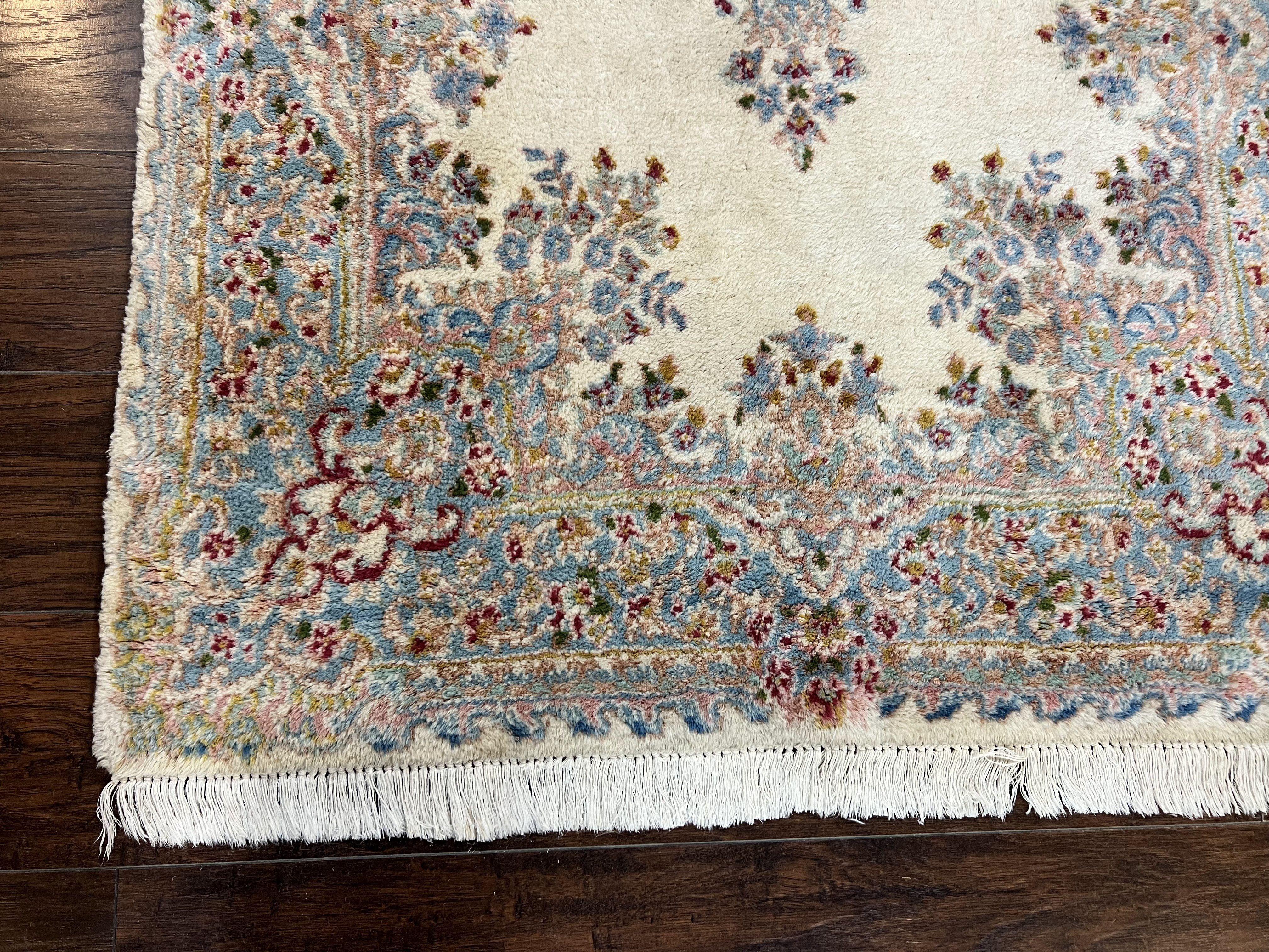 Persian Kirman Rug 4x7, Wool Handmade Vintage Carpet, Cream & Light Blue, Semi Open Field, Traditional Oriental Rug - Jewel Rugs
