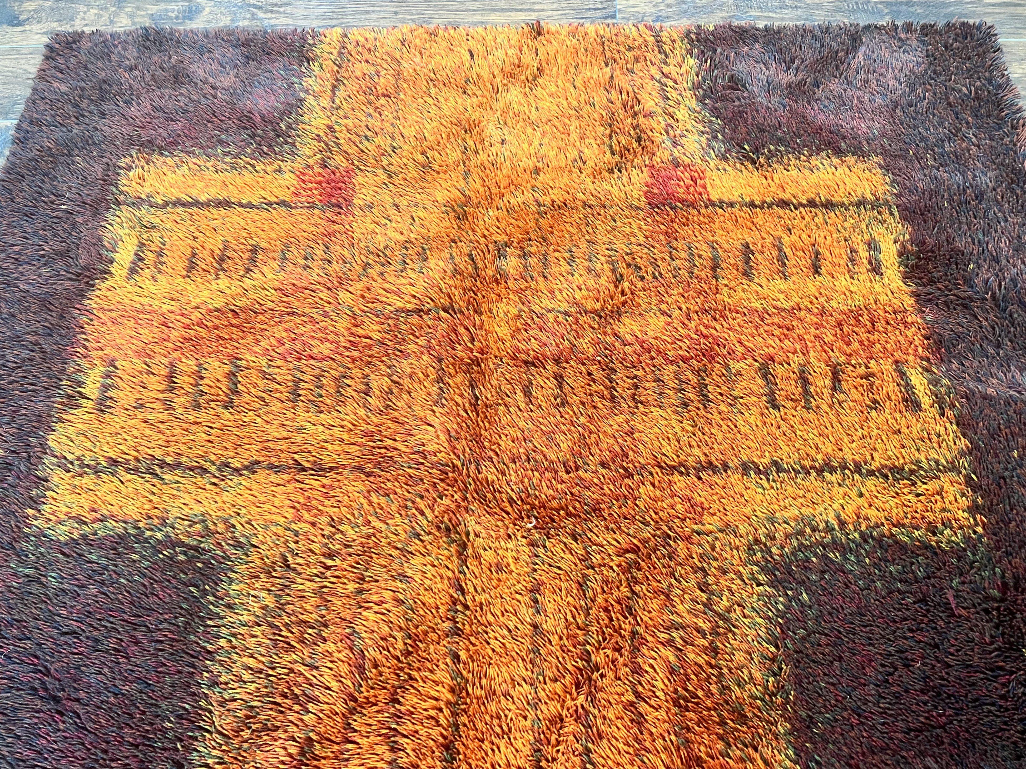 Rya Shag Rug 6x9, Finnish Rya Carpet, Mid Century Vintage Rug, Modern Abstract Design, Orange Brown, Wool Pile - Jewel Rugs