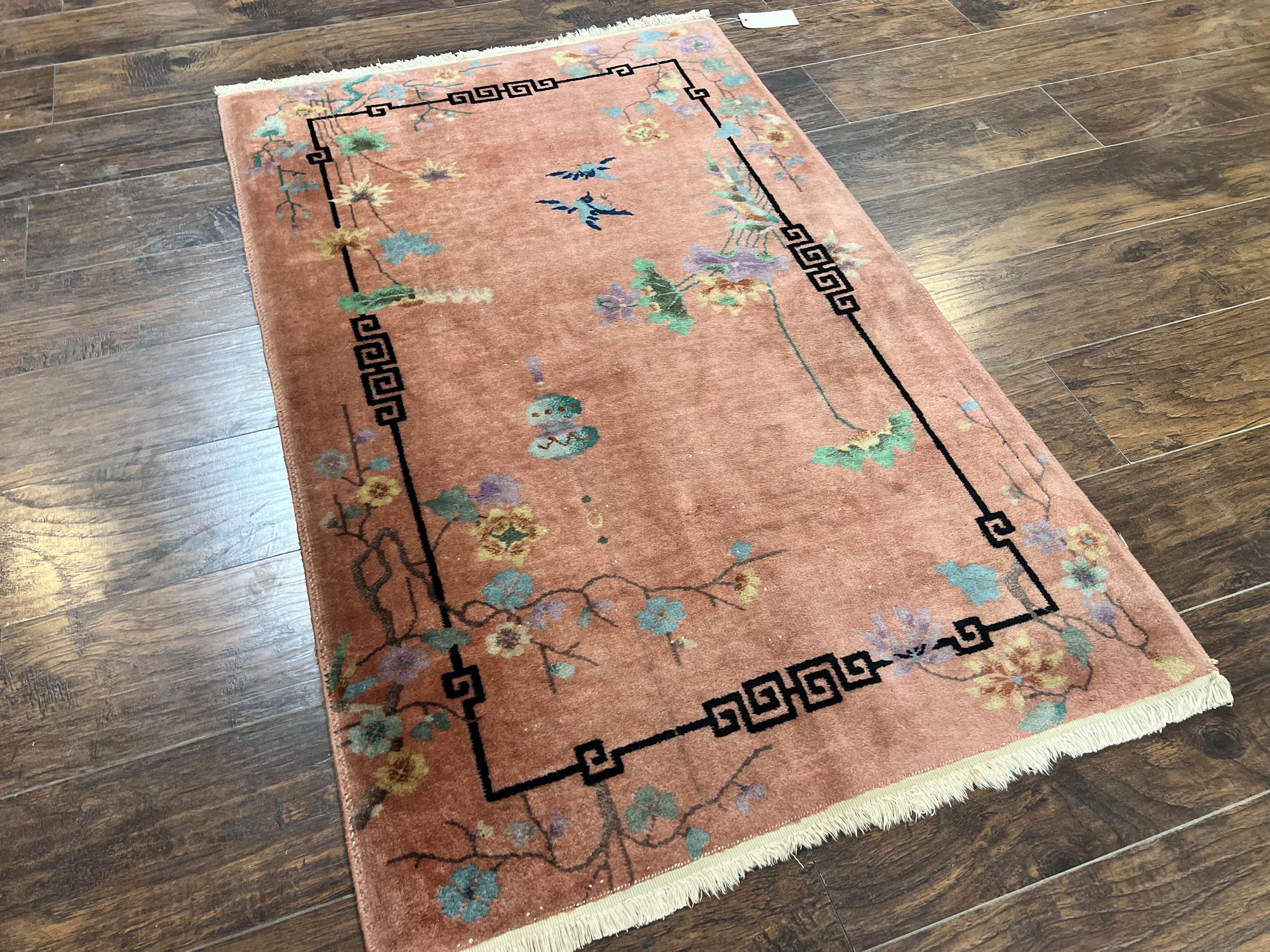 Chinese Art Deco Rug 3x5, Wool Hand Knotted Semi Antique Vintage Carpet, Salmon Red, Birds Flowers, Asian Oriental Rug 3 x 5 - Jewel Rugs