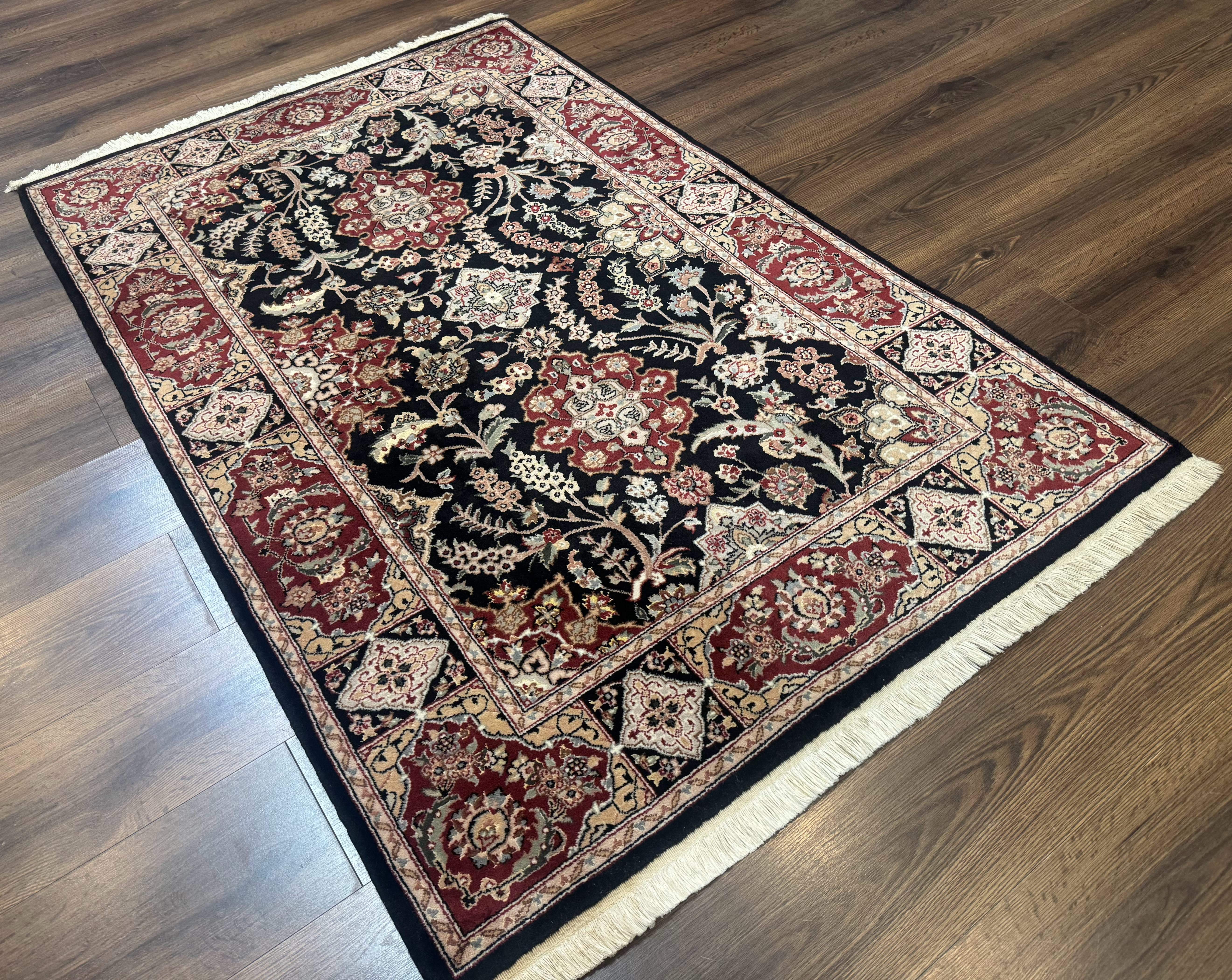 Pak Persian Rug 4x6, Black and Burgundy, Floral Allover, Wool and Silk - Jewel Rugs