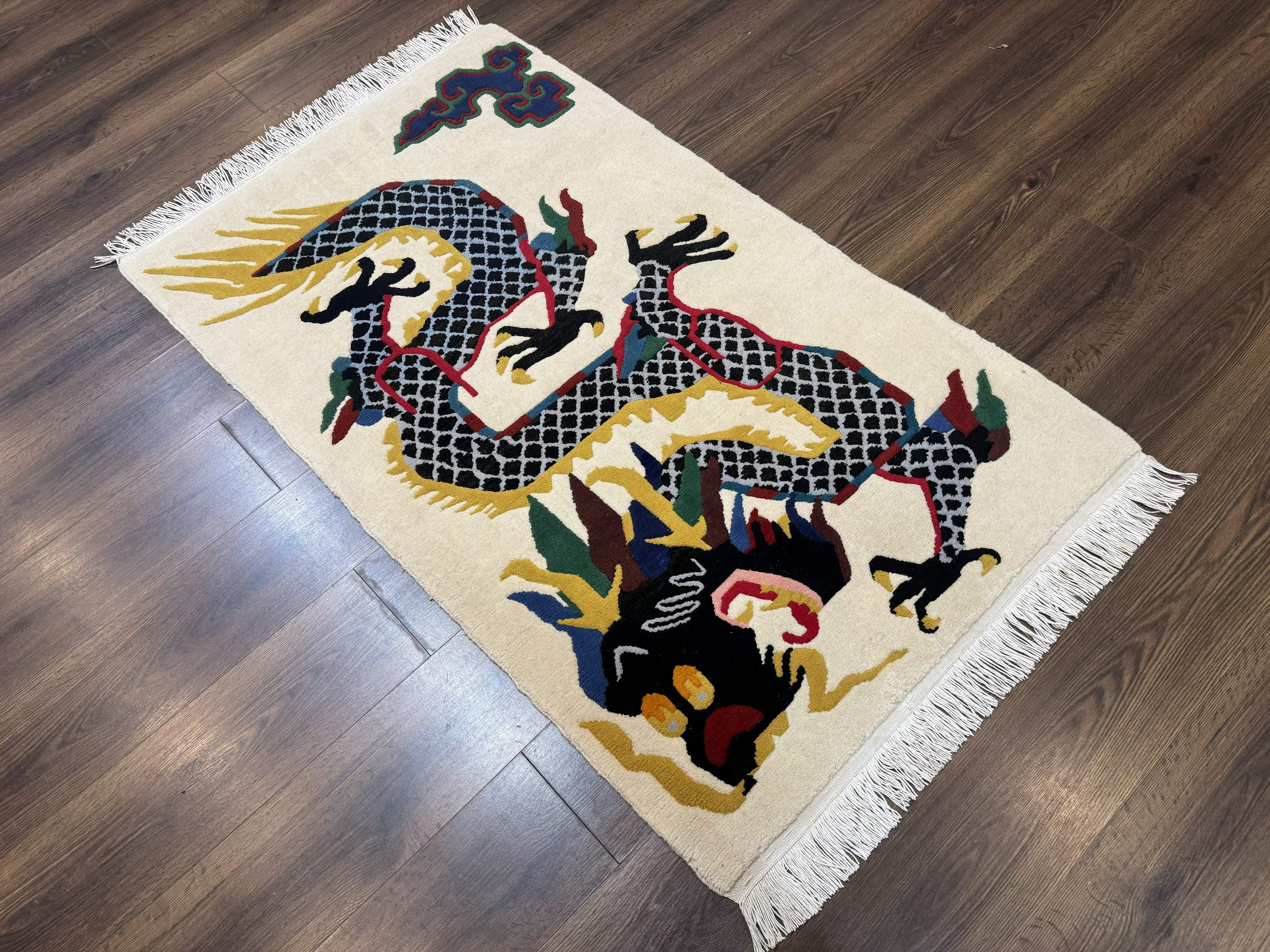 Chinese Dragon Rug 3x5 – Ivory, Hand-Knotted Wool, Vintage Carpet - Jewel Rugs
