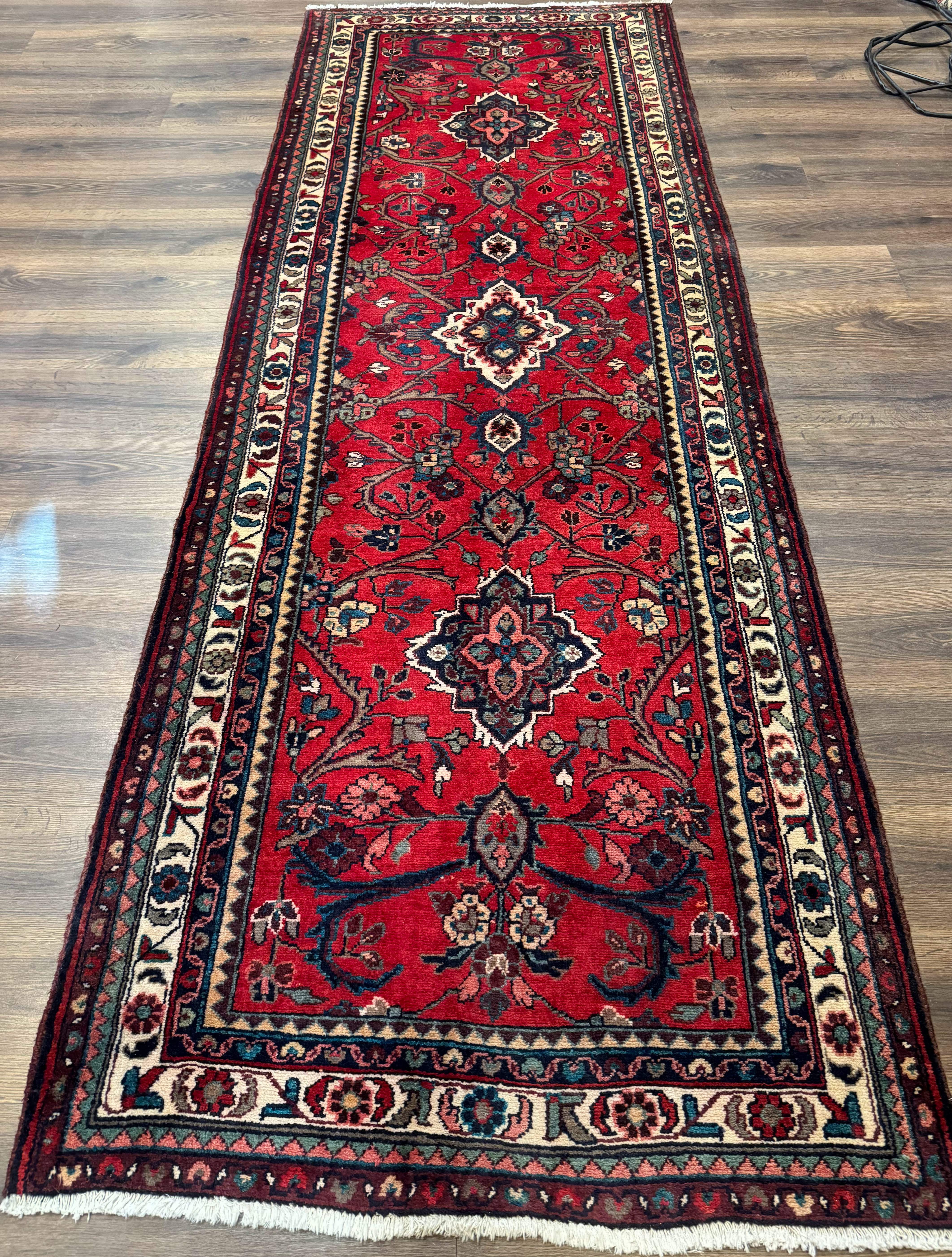 Persian Runner Rug 3.8 x 10, Red, Medallions, Hand Knotted Rug for Hallway, Hamadan Malayer - Jewel Rugs