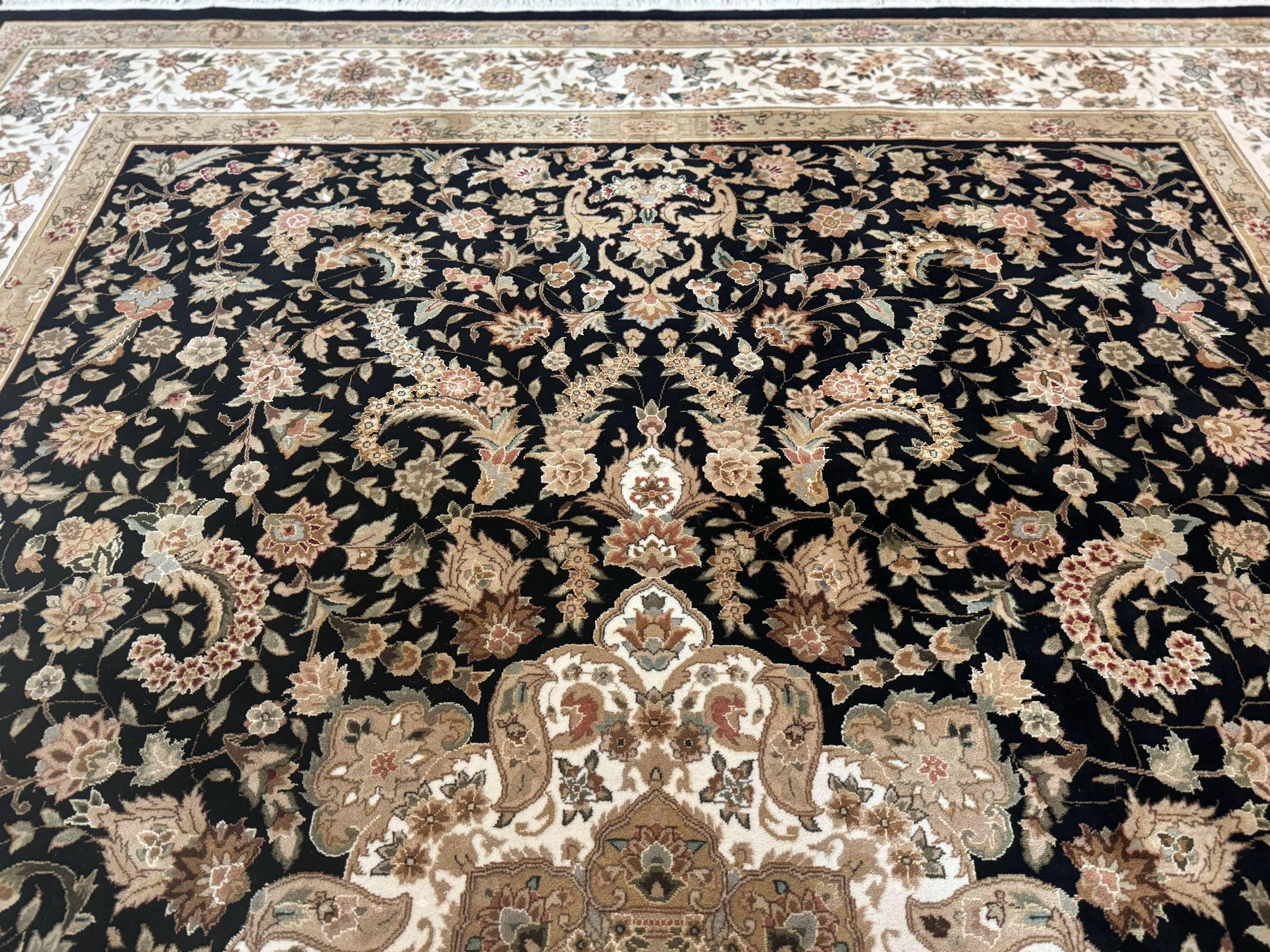 Sino Persian Rug 9x12, Floral Medallion, Black and Ivory, Elegant - Jewel Rugs