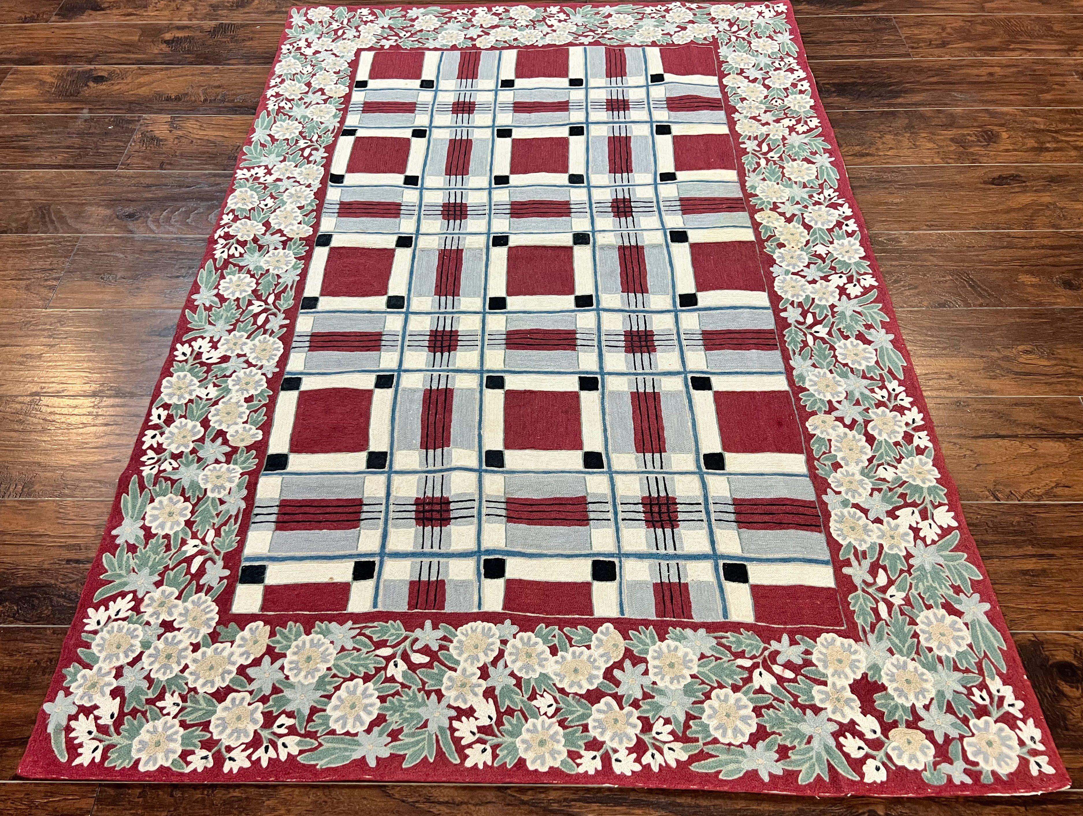 Indian Hand Stitched Rug 4x6, Vintage Carpet, Checkerboard Floral Pattern, Maroon Ivory, Flatweave, Wool - Jewel Rugs