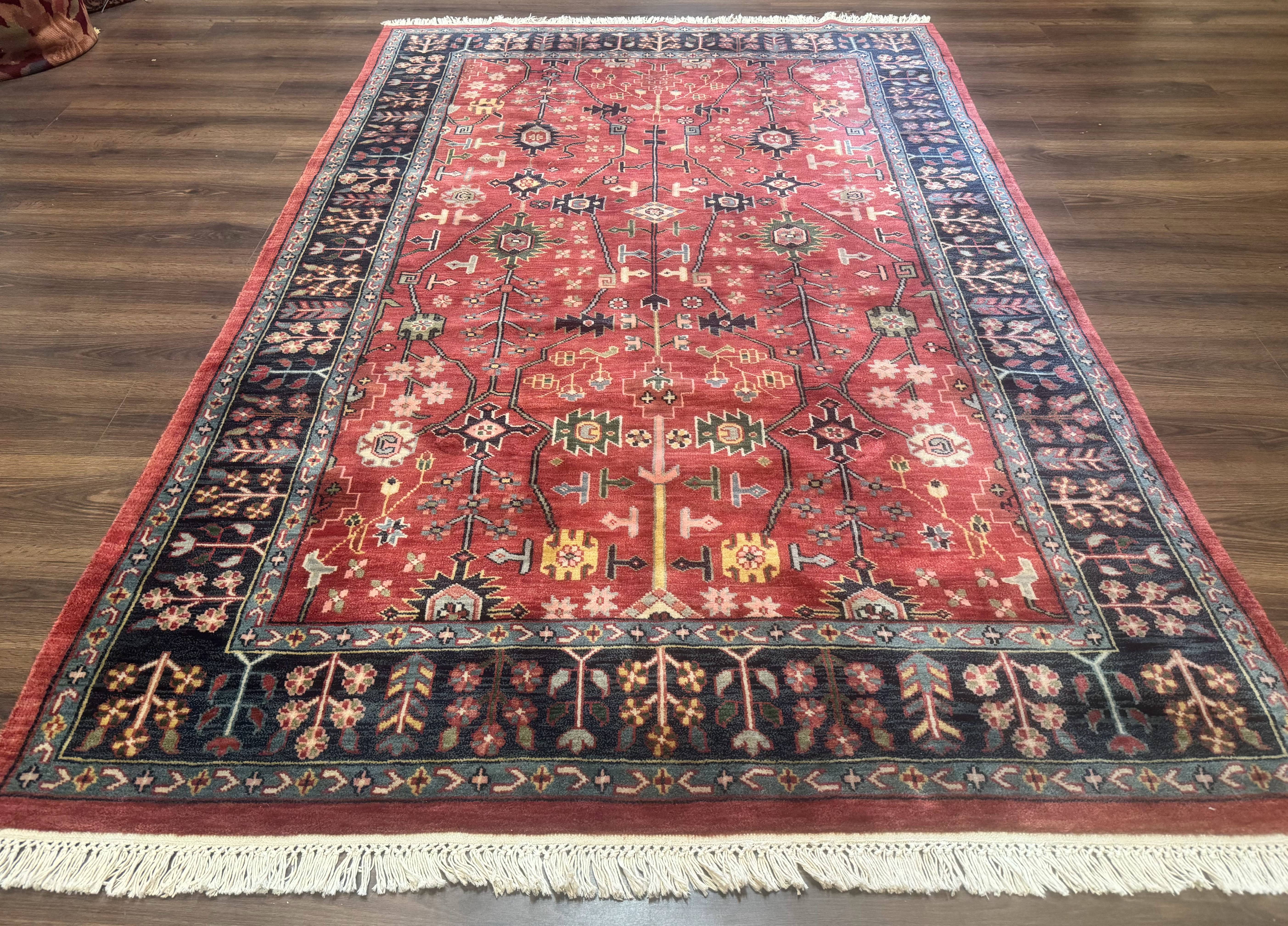 Indo Persian Heriz Serapi Rug 6x8, Rust Red and Navy Blue, Allover Pattern - Jewel Rugs