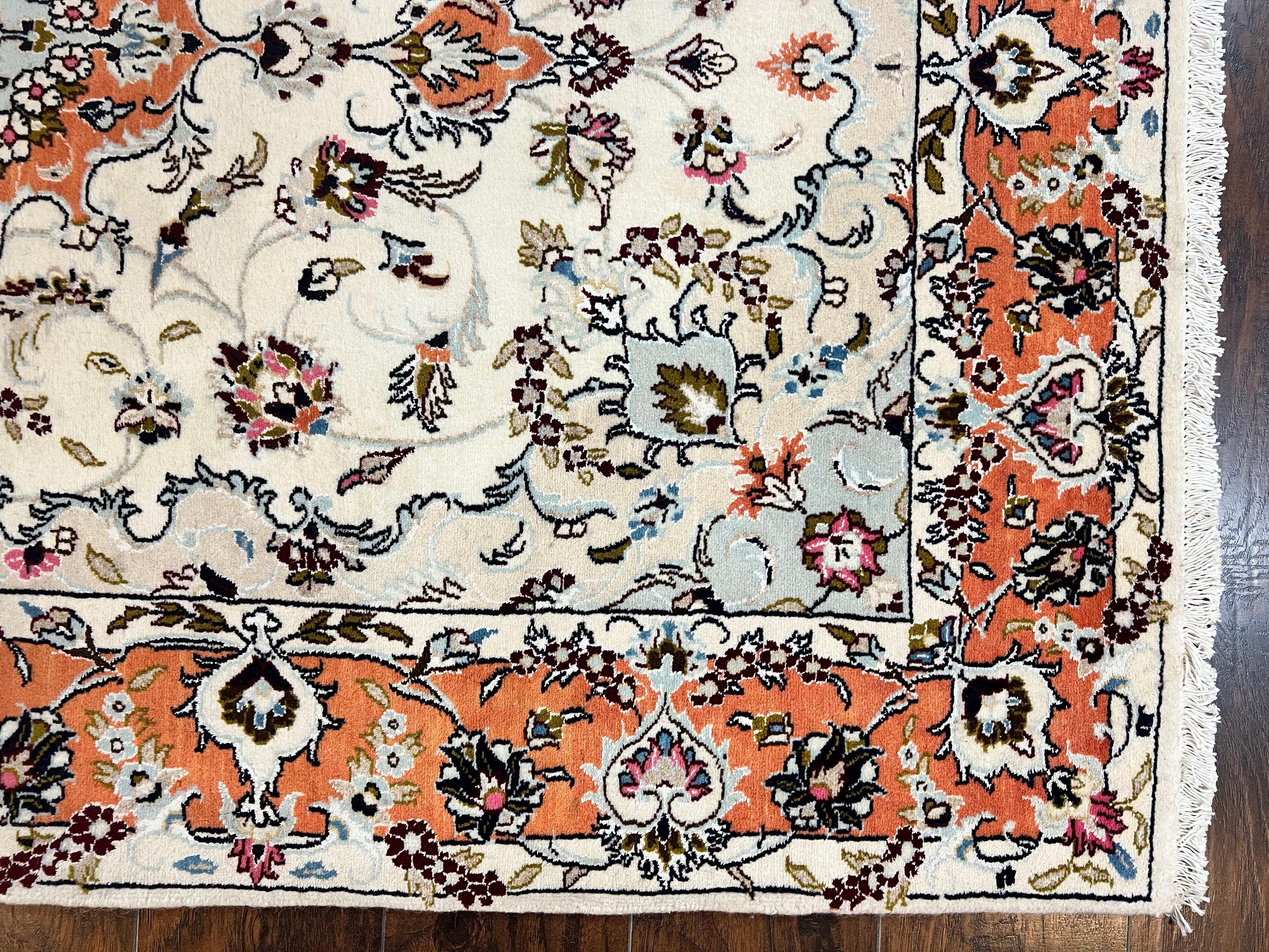 Persian Tabriz Rug 4.5 x 6.8, Finely Hand Knotted Wool with Silk Highlights Vintage Oriental Carpet, Cream and Salmon, High KPSI, Floral Medallion - Jewel Rugs