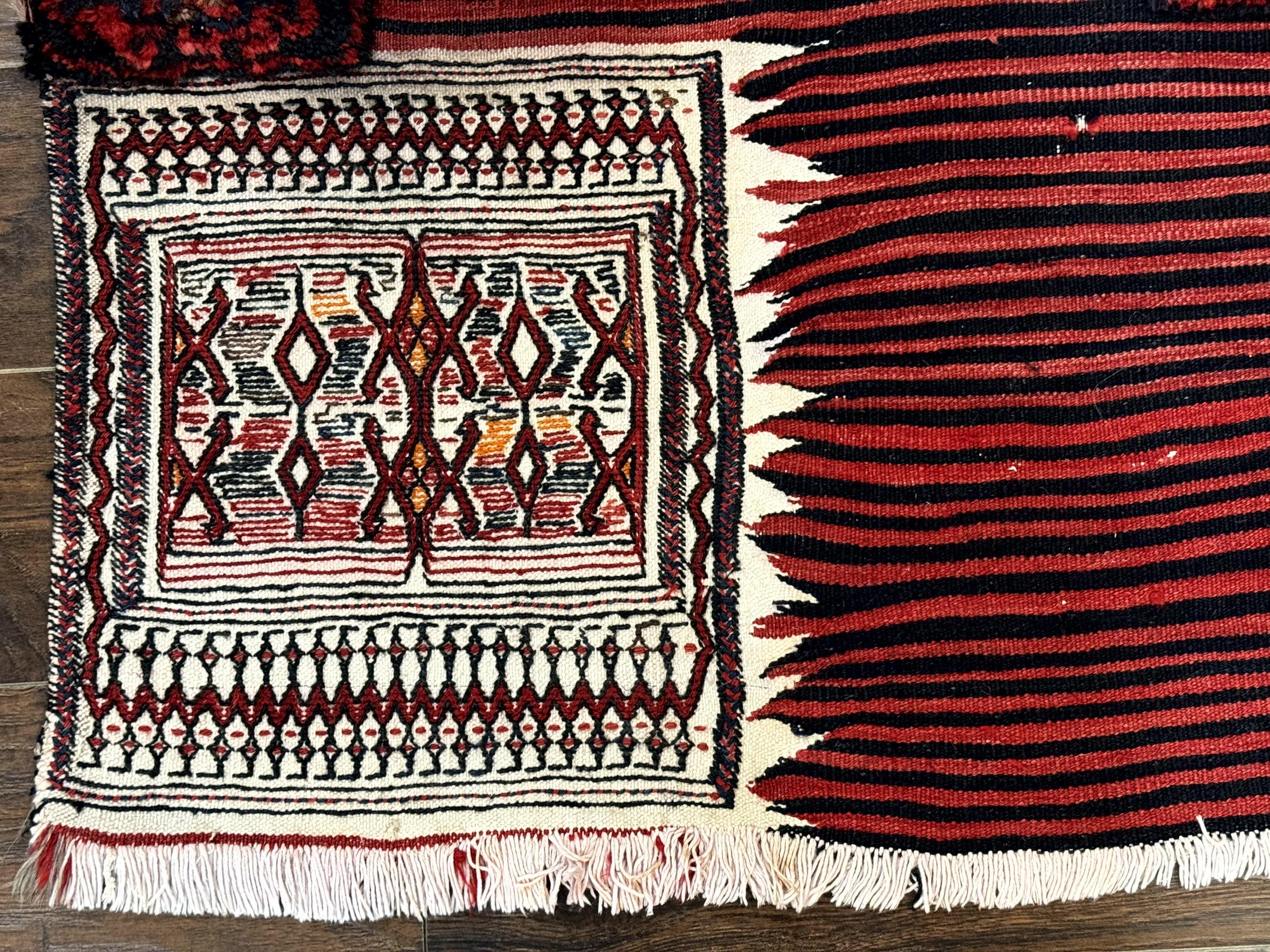 Persian Tribal Nomadic Saddle Cover Rug, Antique, Handmade, Wool, Red Ivory Black, Collectible, Shashavan - Jewel Rugs