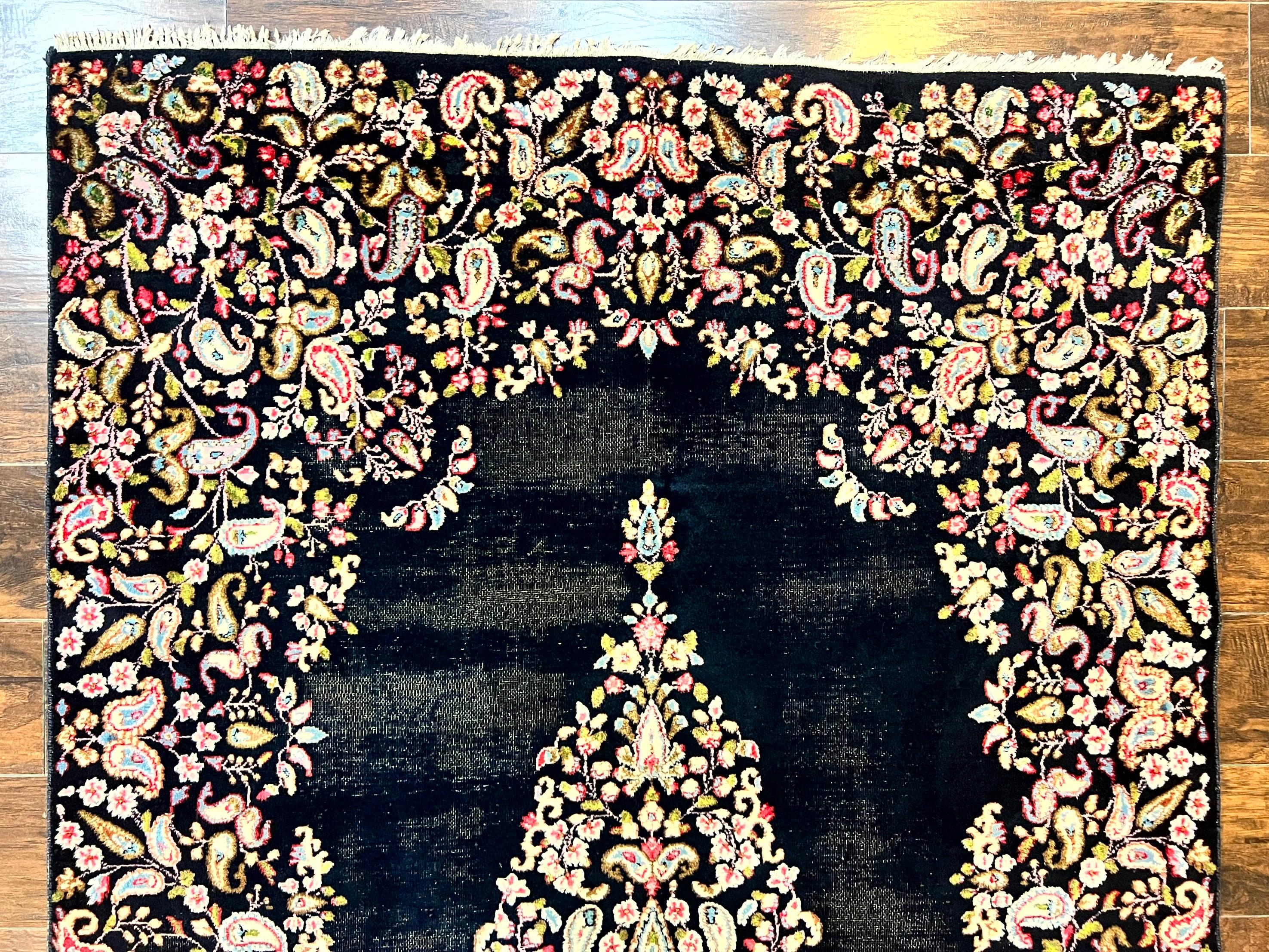 Antique Persian Kirman Rug 5x8, Floral Kirman, Midnight Blue/Black, Semi Open Field, Handmade Vintage Wool Carpet - Jewel Rugs