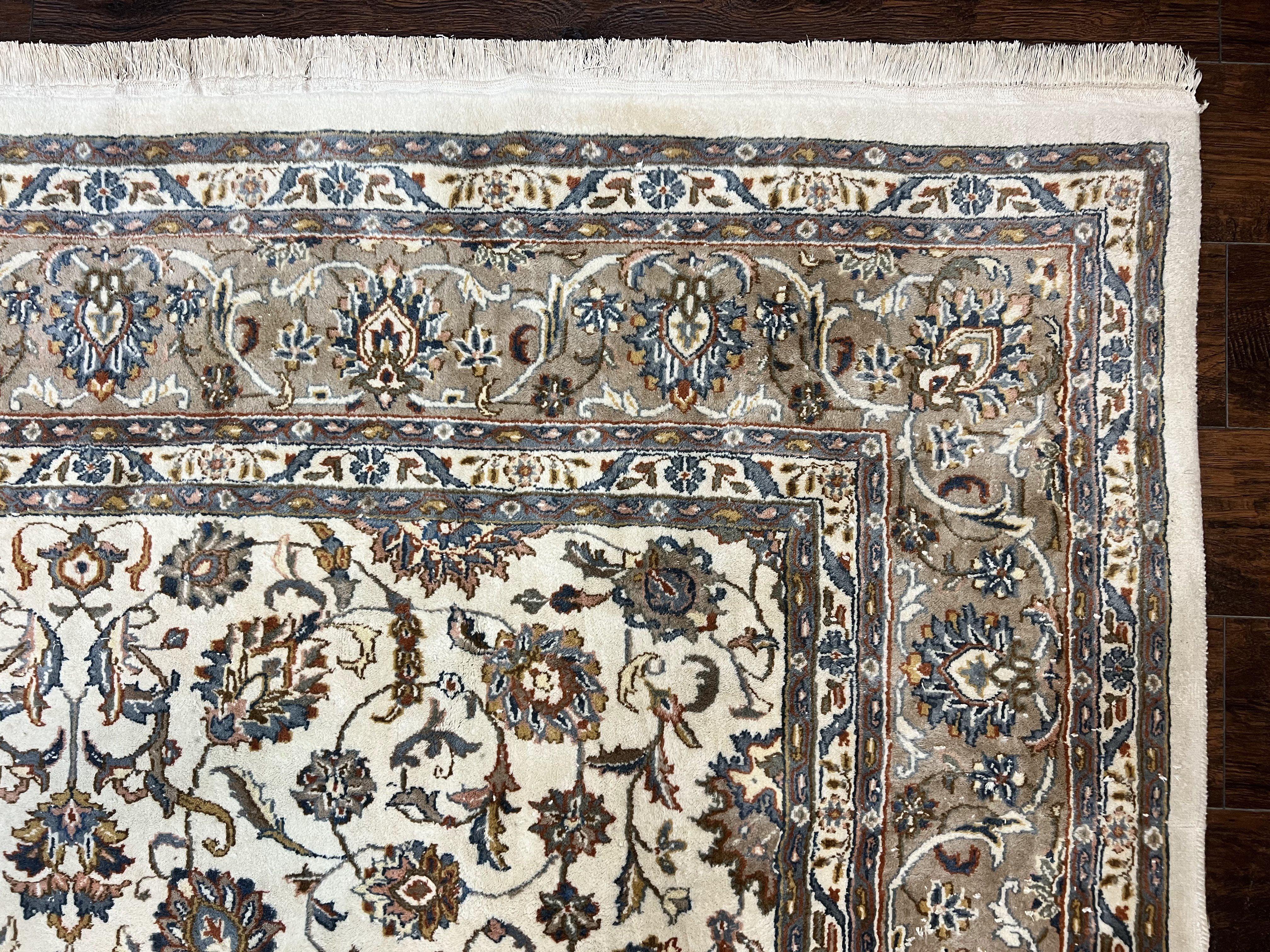 Indo Persian Rug 8x10, Floral Allover, Ivory and Gray, Handmade Vintage Wool Carpet - Jewel Rugs