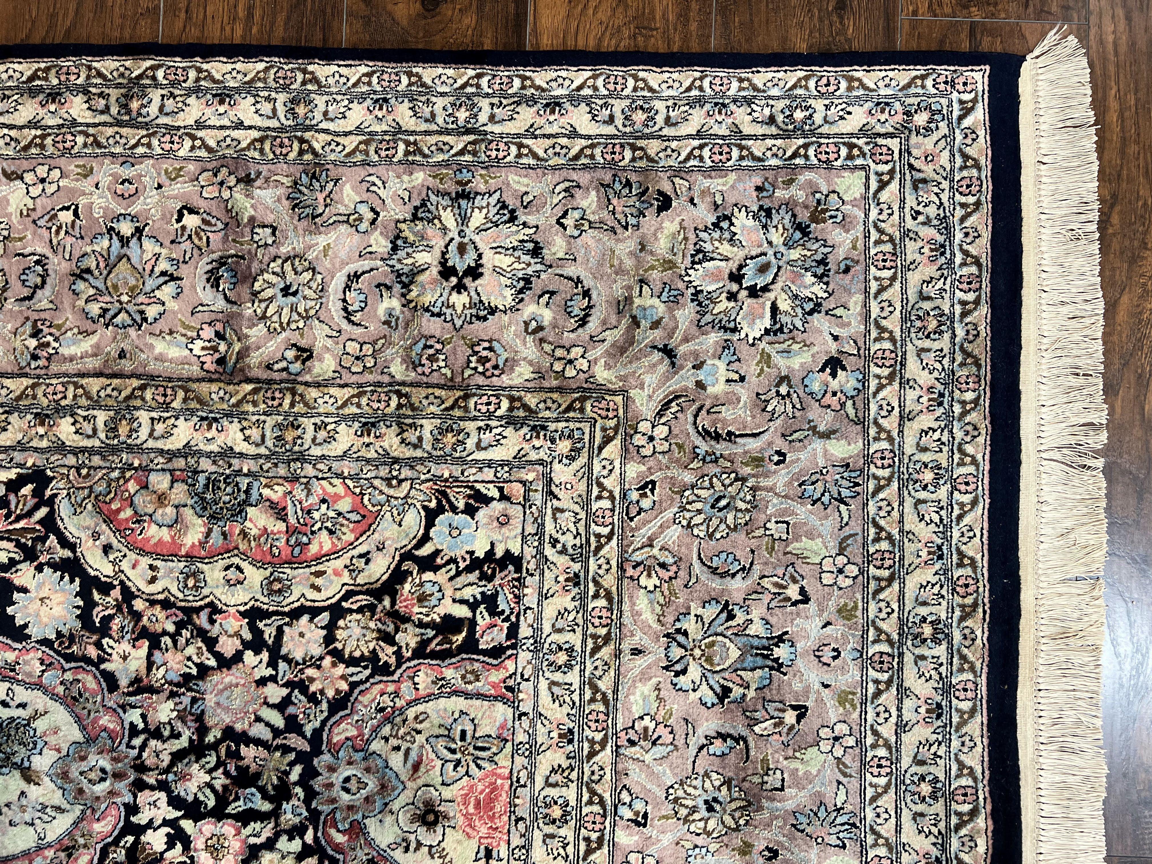 Sino Persian Rug 9x12, Navy Blue and Pink Hand Knotted Wool and Silk Highlights Vintage Oriental Carpet, Handmade Floral Area Rug 9 x 12 ft - Jewel Rugs
