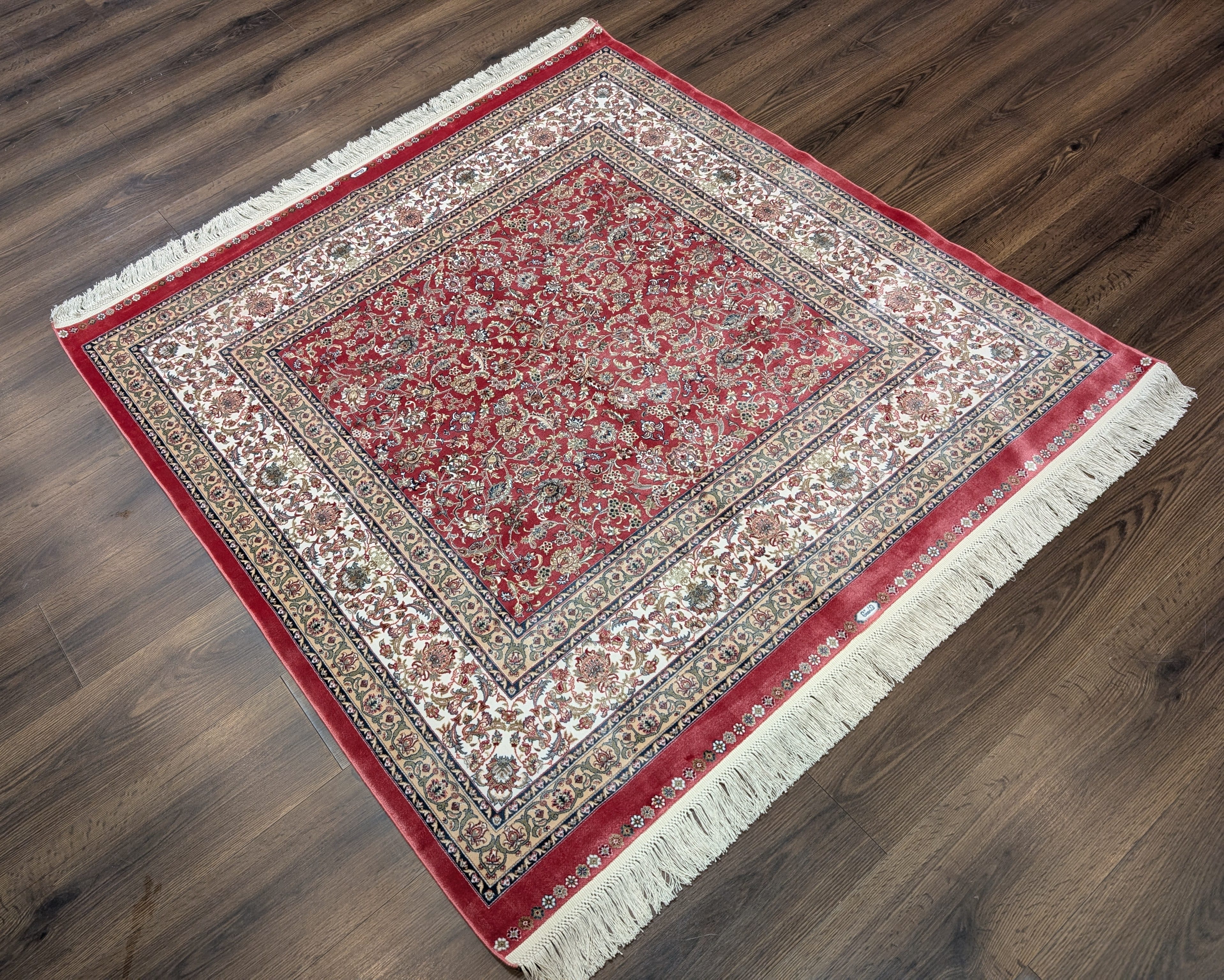 Square Silk Rug 5x5, Red and Ivory, Floral, Turkish Silk Carpet, New, Bamboo Silk - Jewel Rugs
