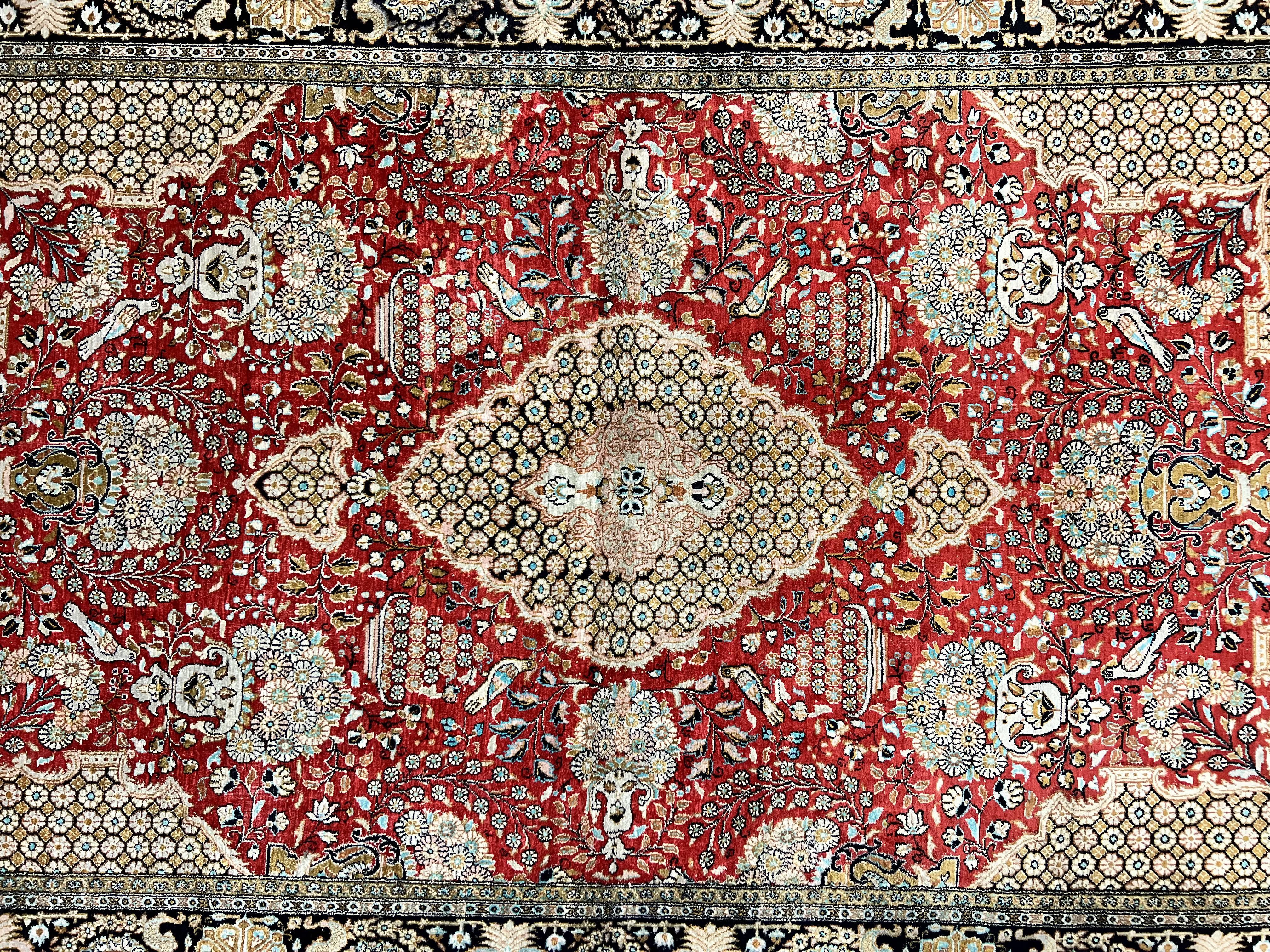 Wonderful Persian Silk Rug 5x7, Birds Floral Vases, Red, Hand Knotted Silk Fine Oriental Carpet, Handmade Vintage, Persian Qum Rug, 400 KPSI - Jewel Rugs