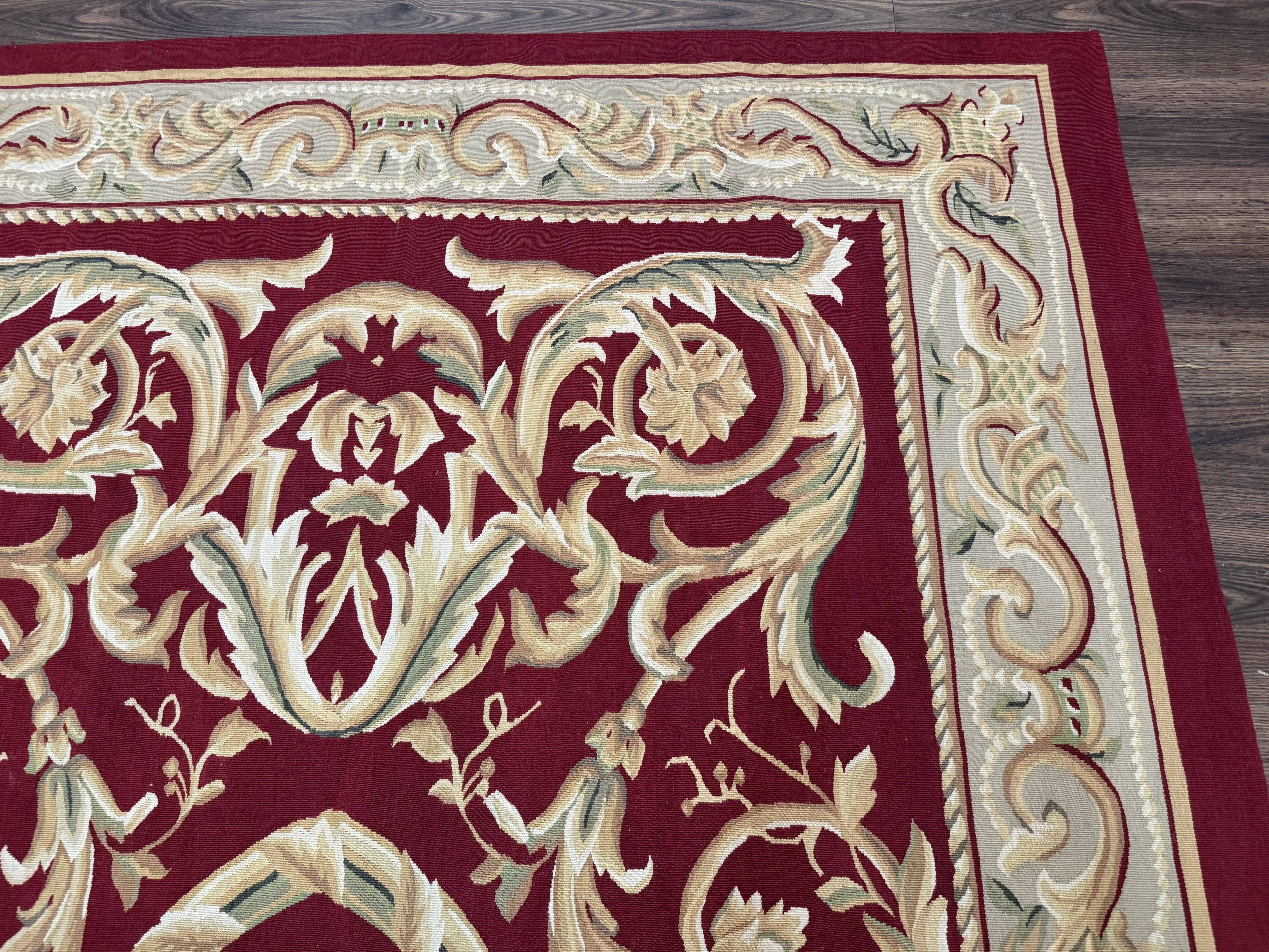 Burgundy Aubusson Rug 6x9, Vintage Wool Carpet - Jewel Rugs