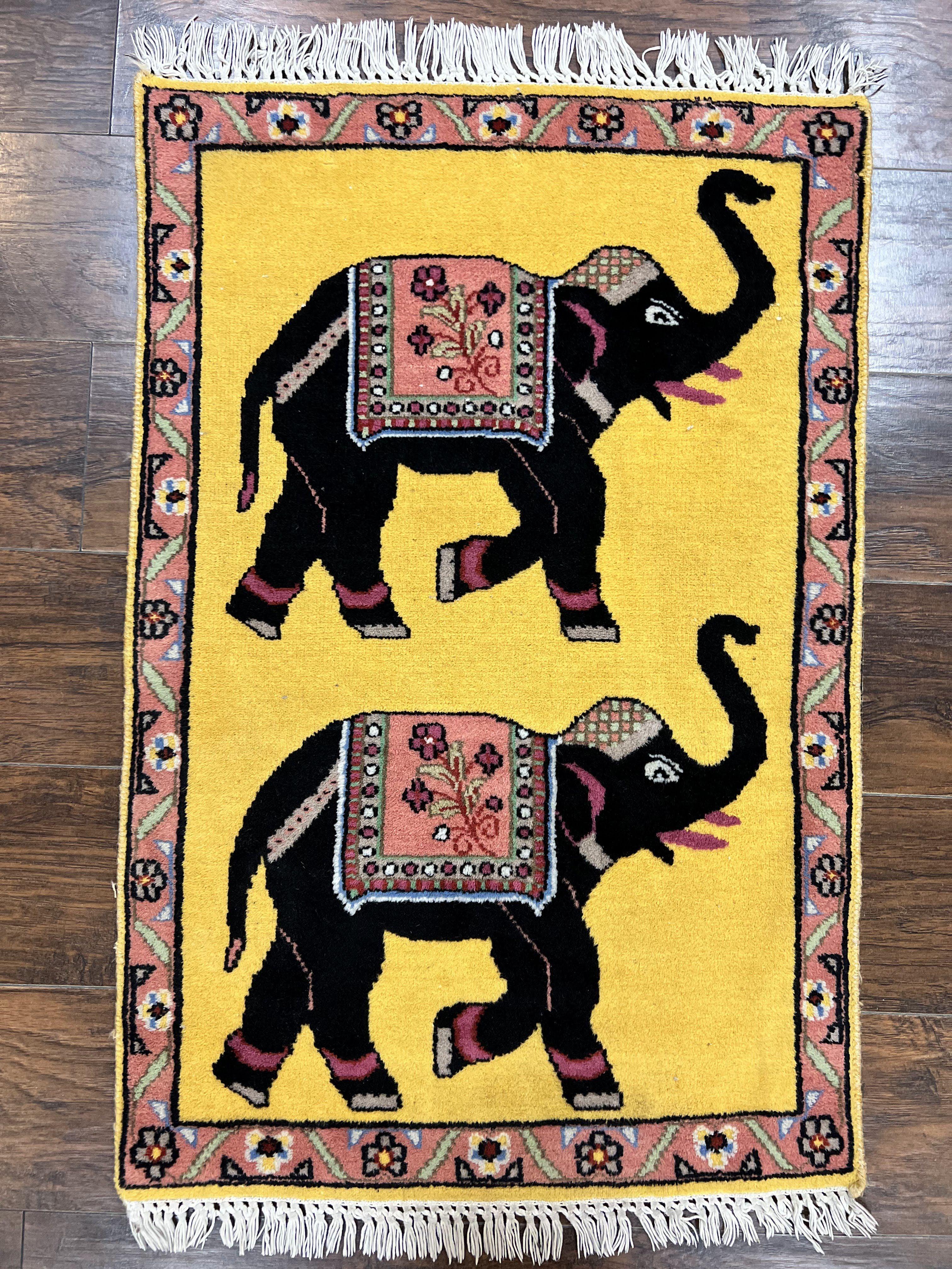 Unique Indian Pictorial Rug 2x3, Small Wool Hand Knotted Oriental Carpet, Yellow, Two Elephants, Handmade - Jewel Rugs