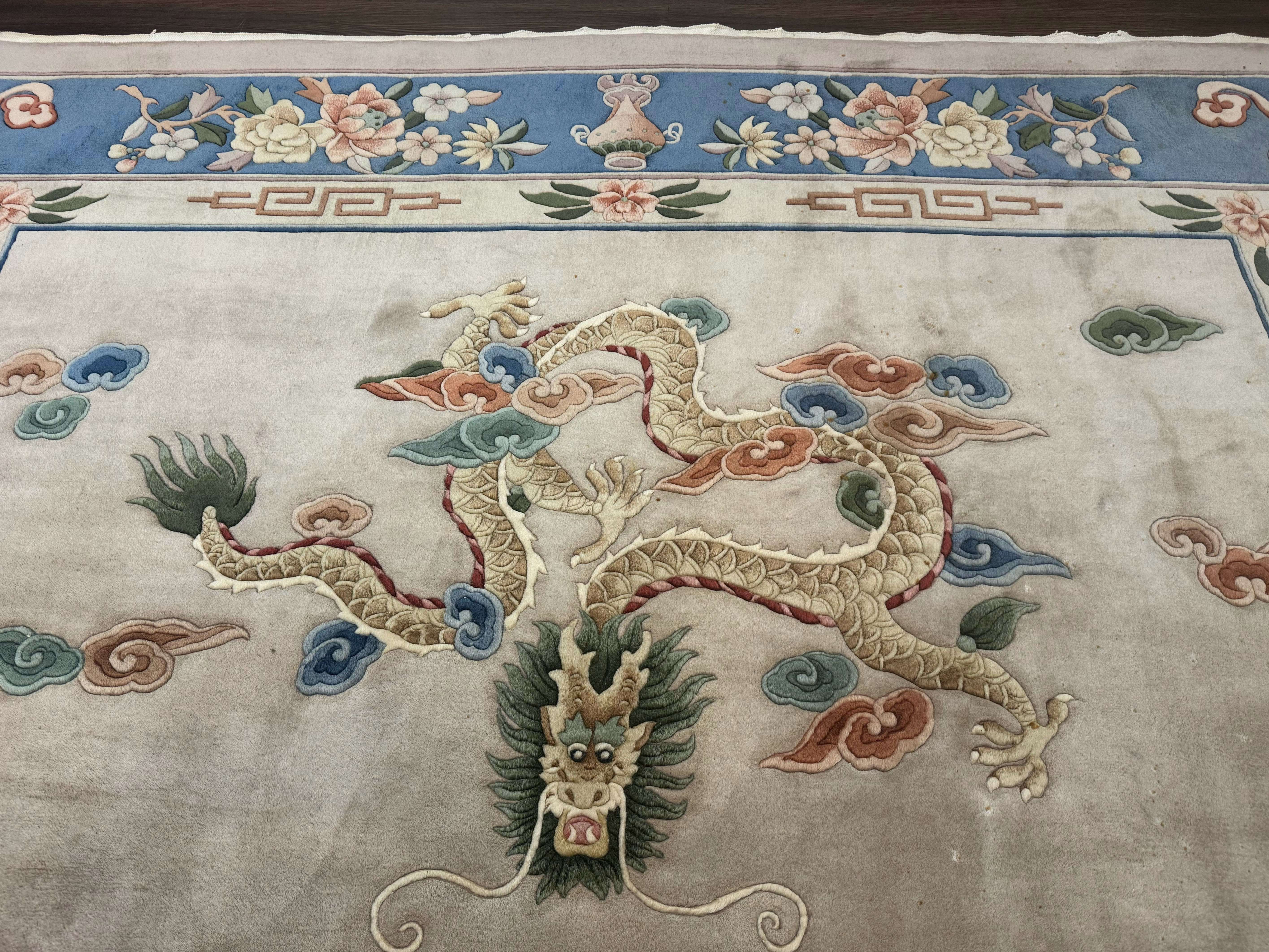 Chinese Wool Rug 9x12 with Dragons, Vintage Chinese 90 Line Carpet - Jewel Rugs