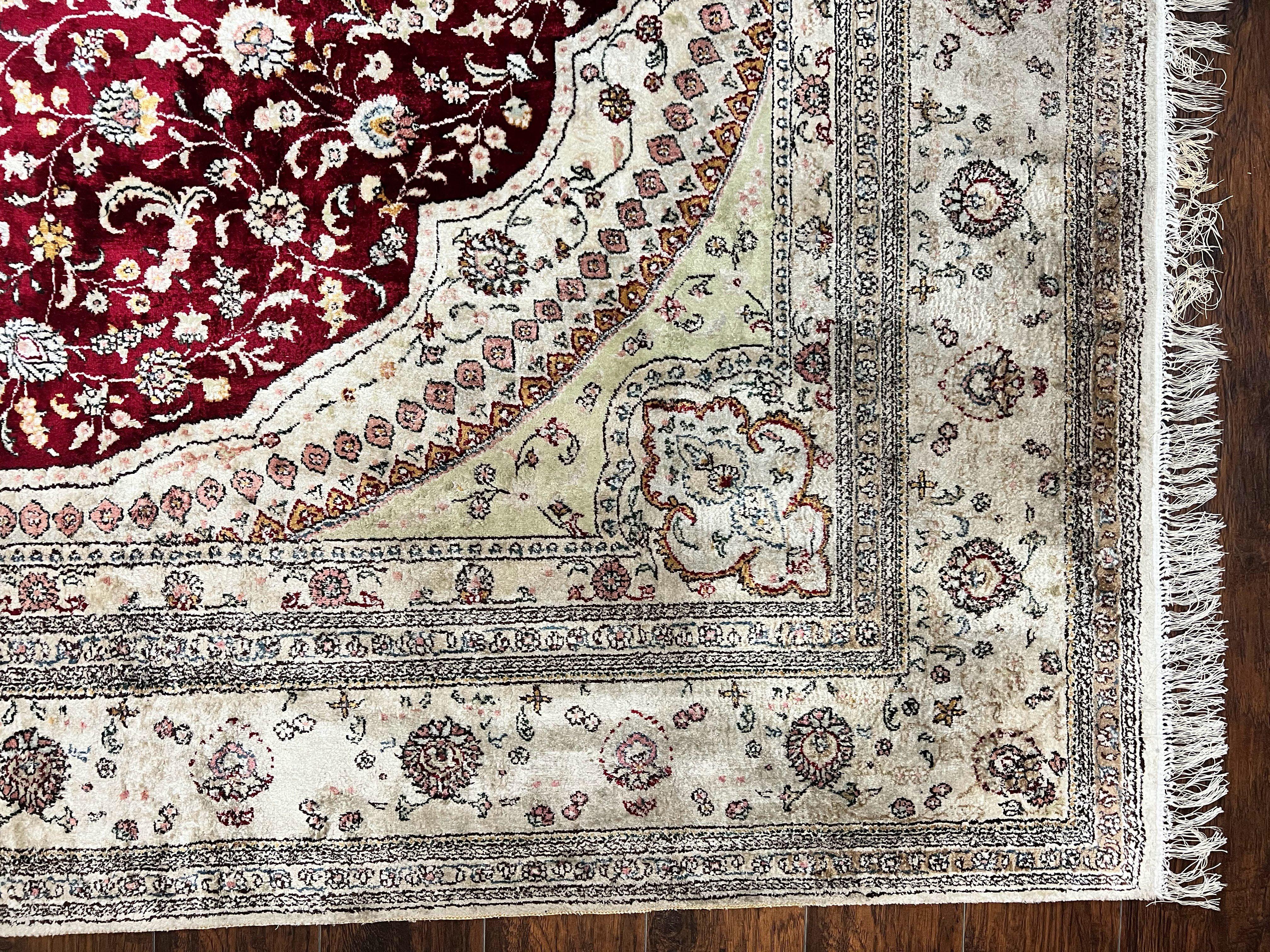 Silk Indian Kashmiri Rug 9x12, Room Sized Silk Carpet, Floral Medallion, Very Fine, Masterpiece Rug, Silk Oriental Rug, Dark Red & Cream Rug - Jewel Rugs